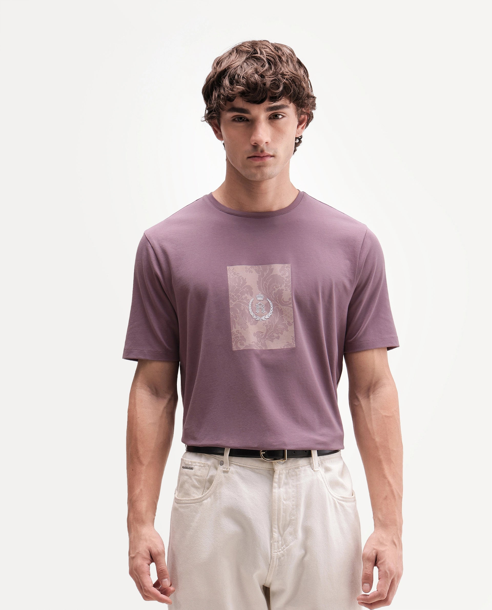 Rare Rabbit Men's Woakes Dusky Purple Cotton Blend Crew Neck Regular Graphic Print T-Shirt
