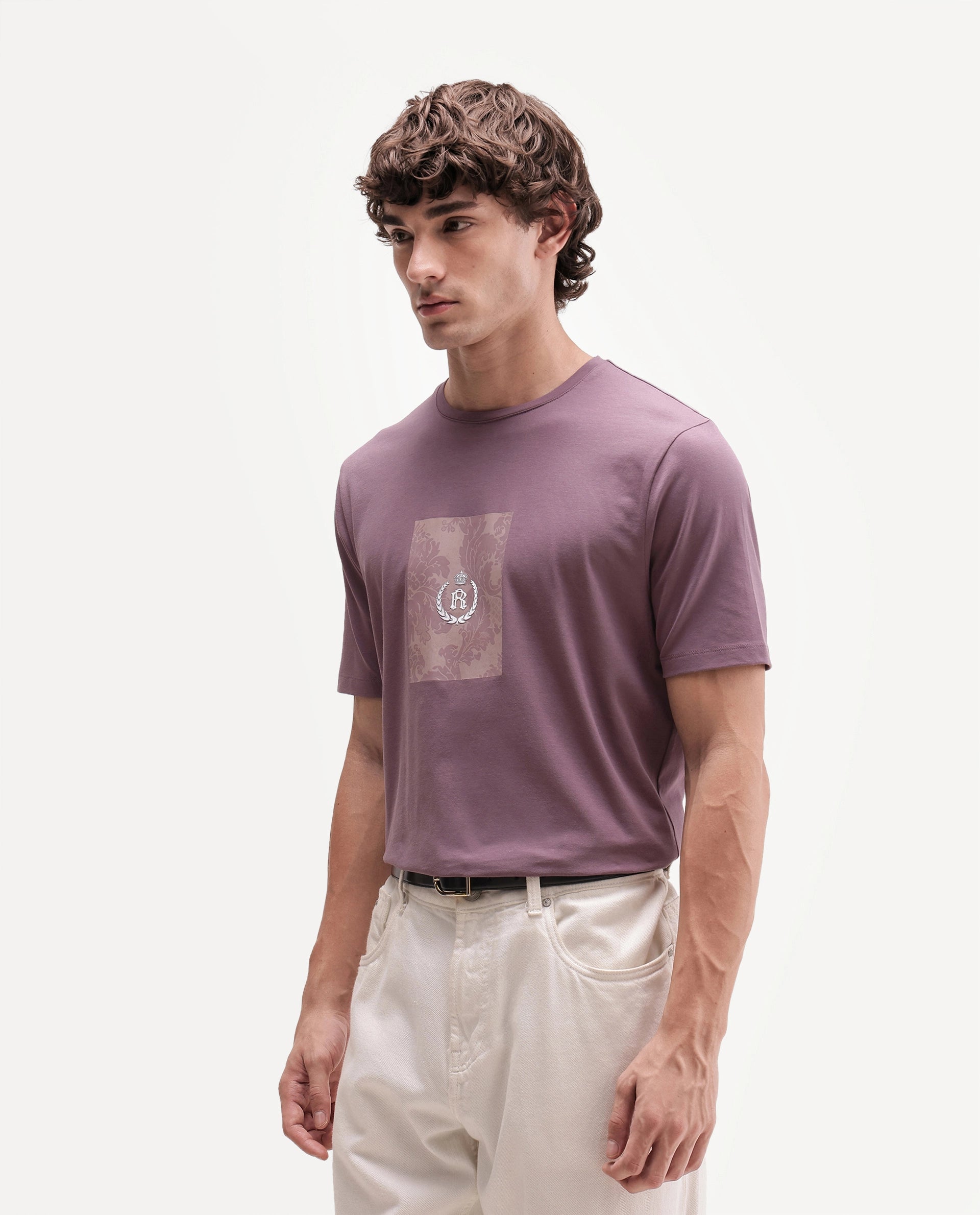 Rare Rabbit Men's Woakes Dusky Purple Cotton Blend Crew Neck Regular Graphic Print T-Shirt
