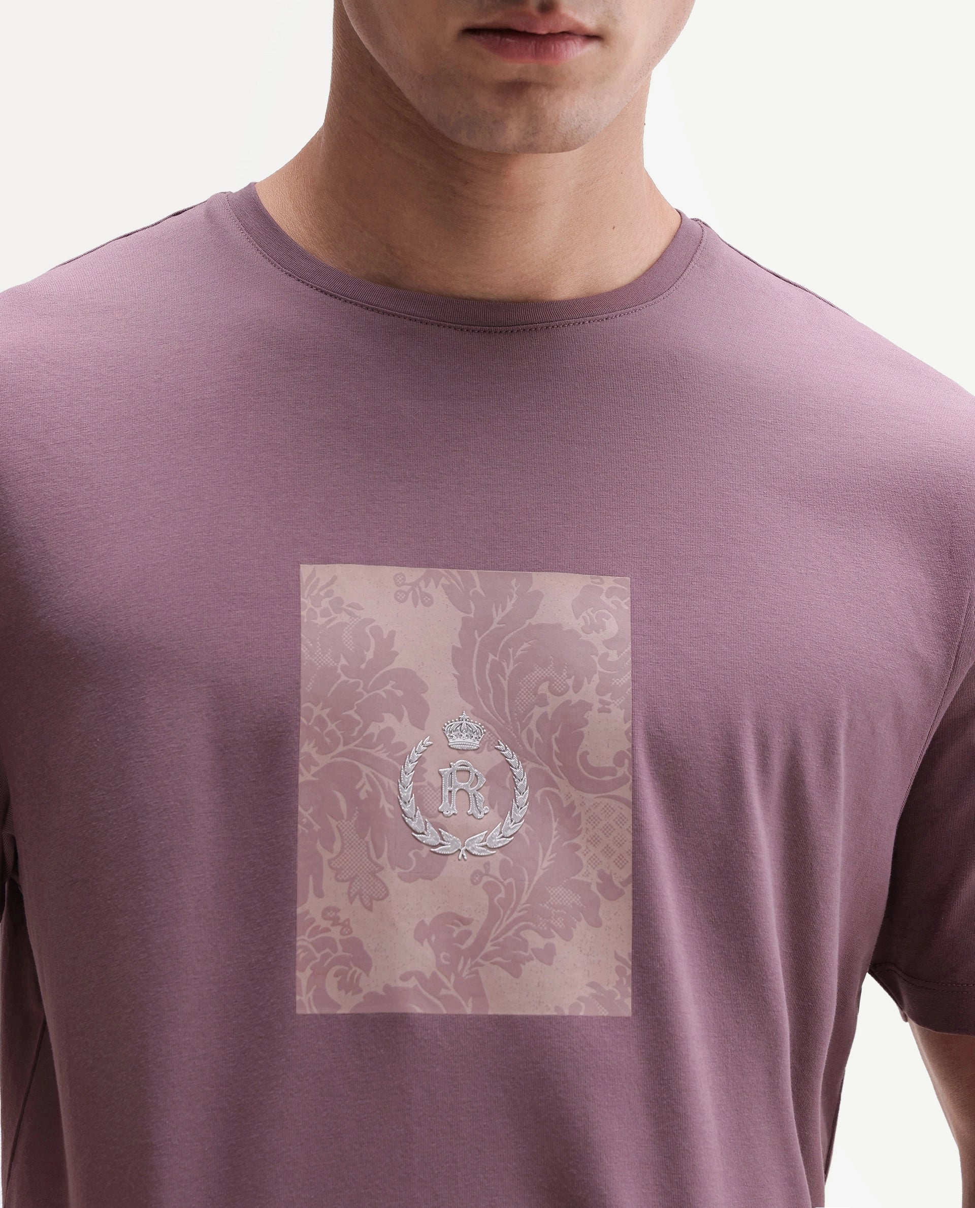 Rare Rabbit Men's Woakes Dusky Purple Cotton Blend Crew Neck Regular Graphic Print T-Shirt