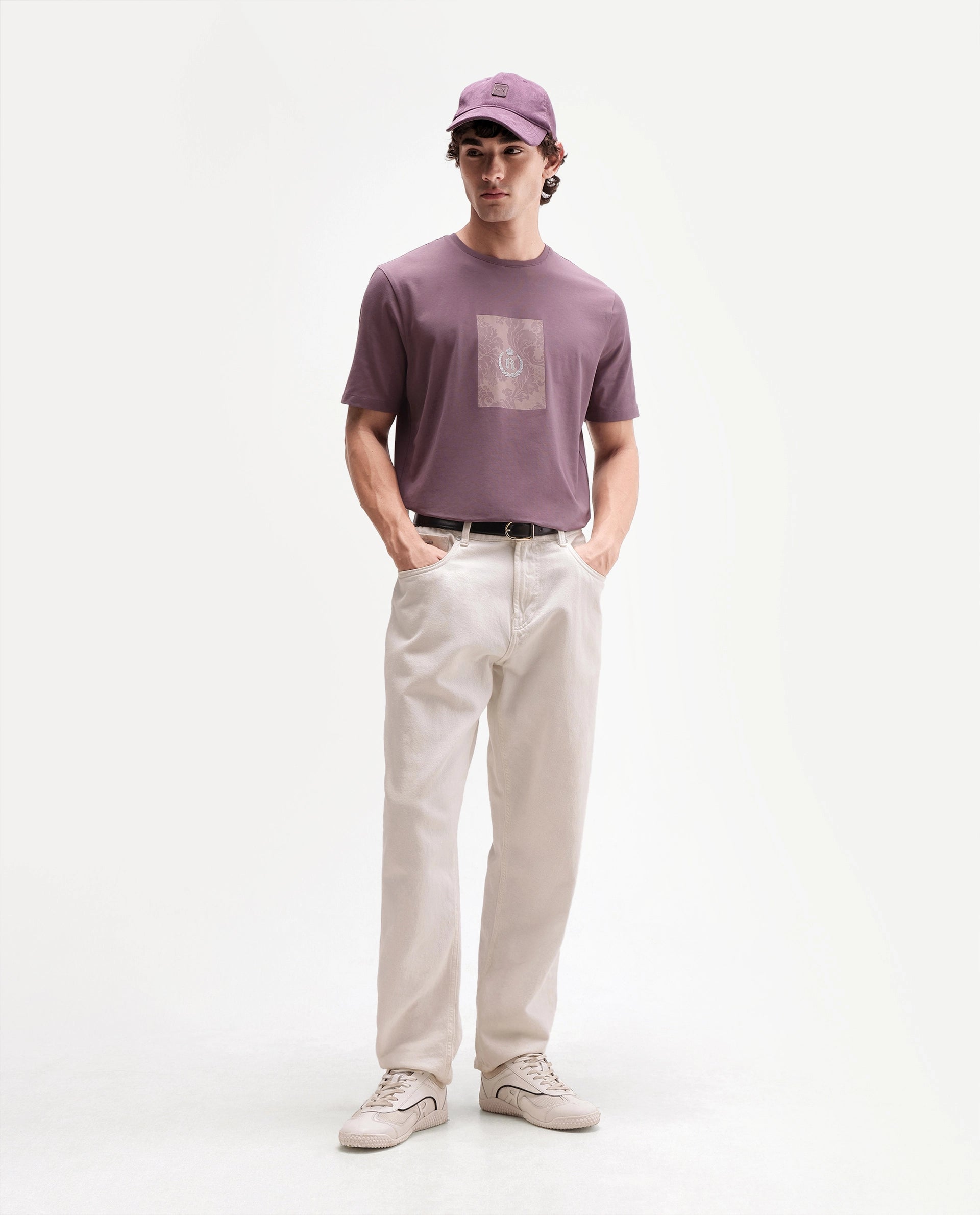 Rare Rabbit Men's Woakes Dusky Purple Cotton Blend Crew Neck Regular Graphic Print T-Shirt