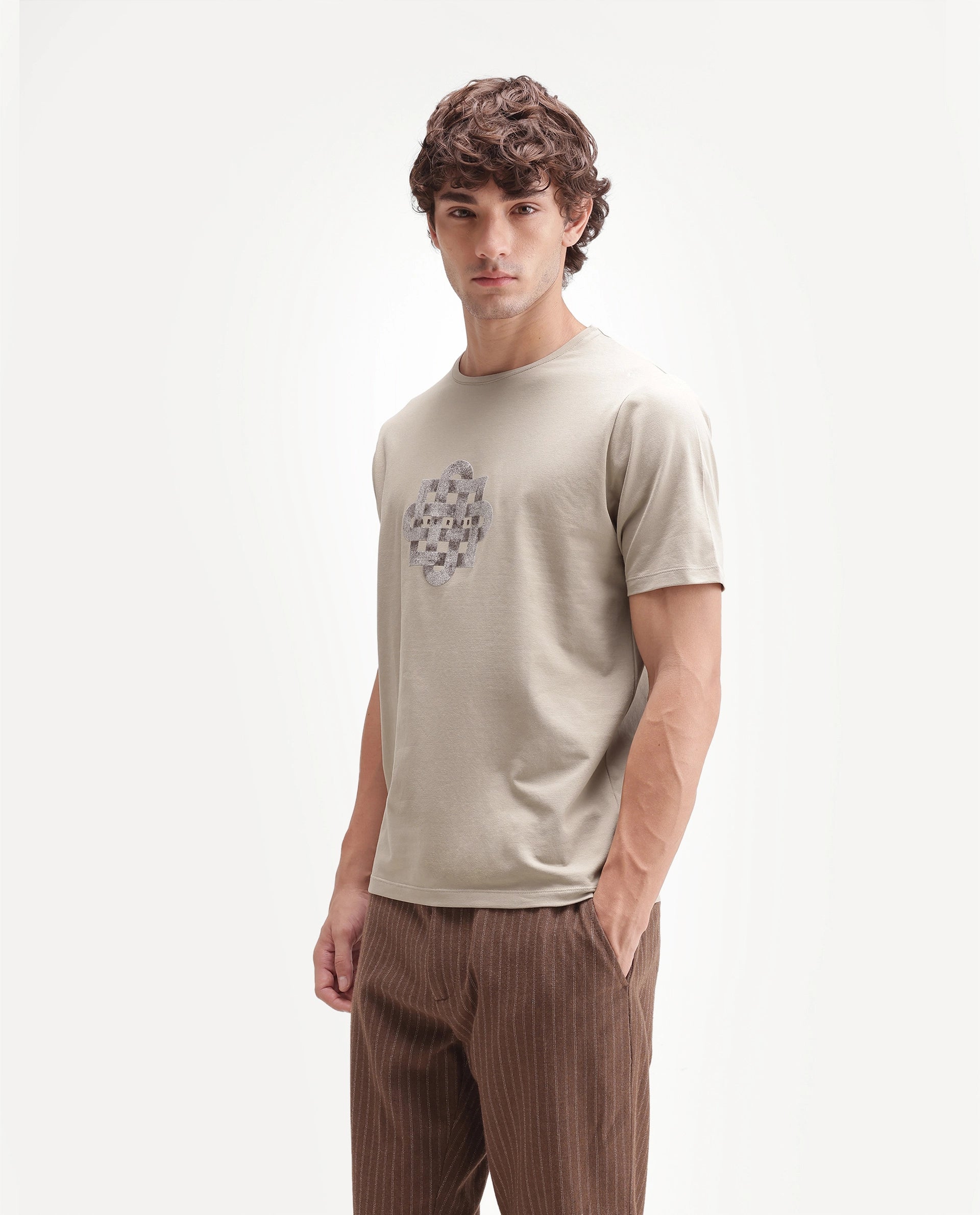 Rare Rabbit Men's Ziv Primary Beige Cotton Blend Crew Neck Regular Graphic Print T-Shirt