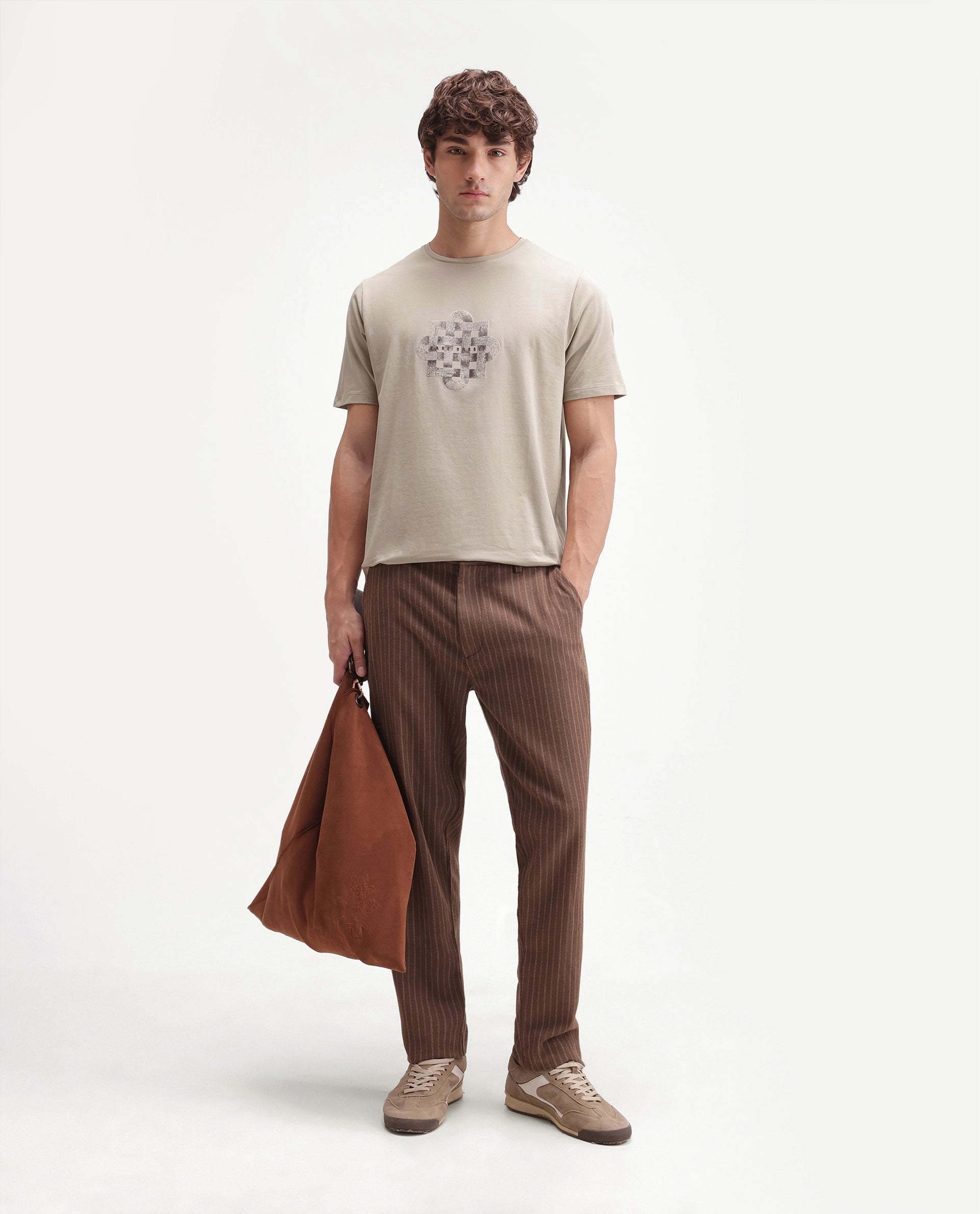 Rare Rabbit Men's Ziv Primary Beige Cotton Blend Crew Neck Regular Graphic Print T-Shirt