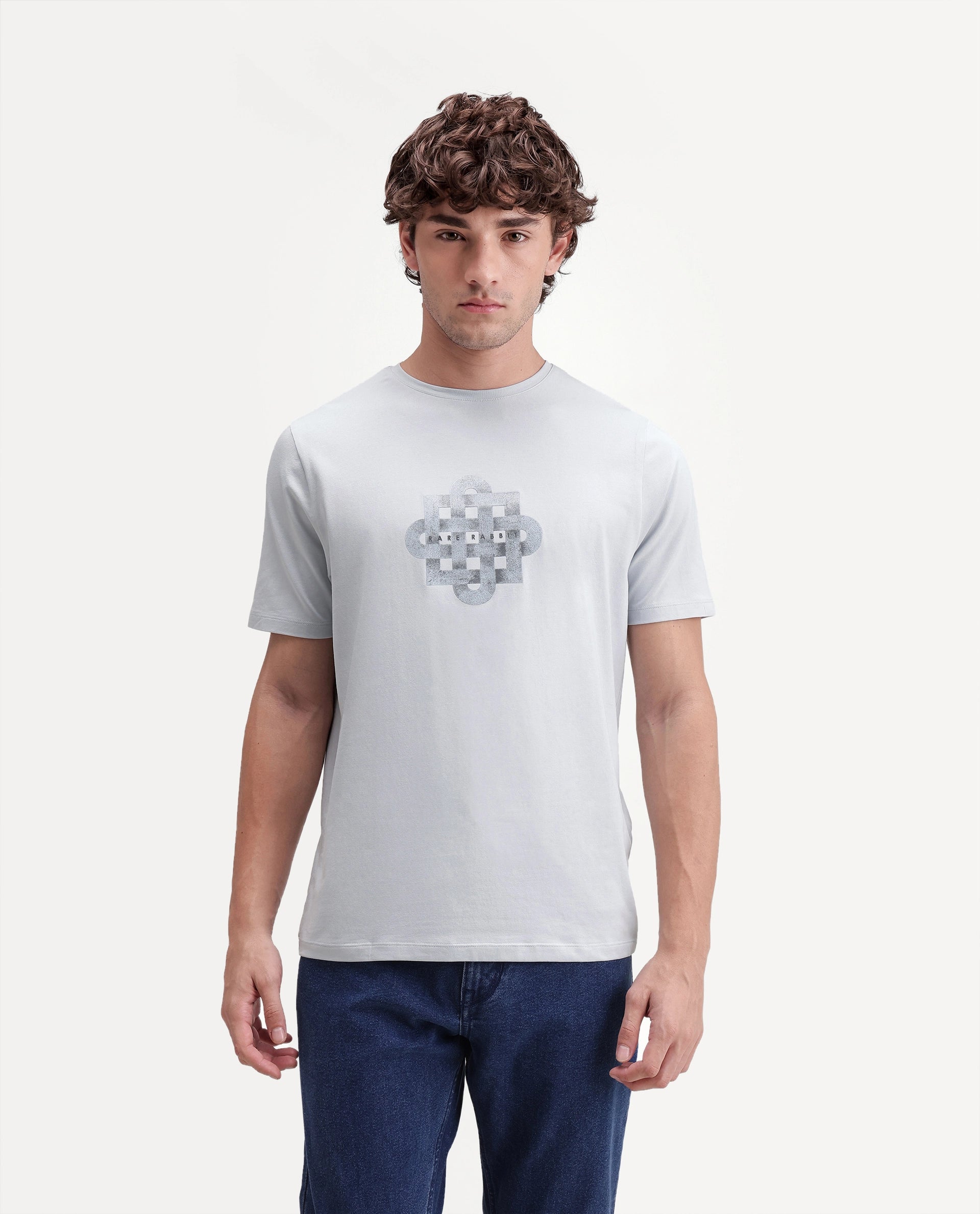 Rare Rabbit Men's Ziv Light Blue Cotton Blend Crew Neck Regular Graphic Print T-Shirt