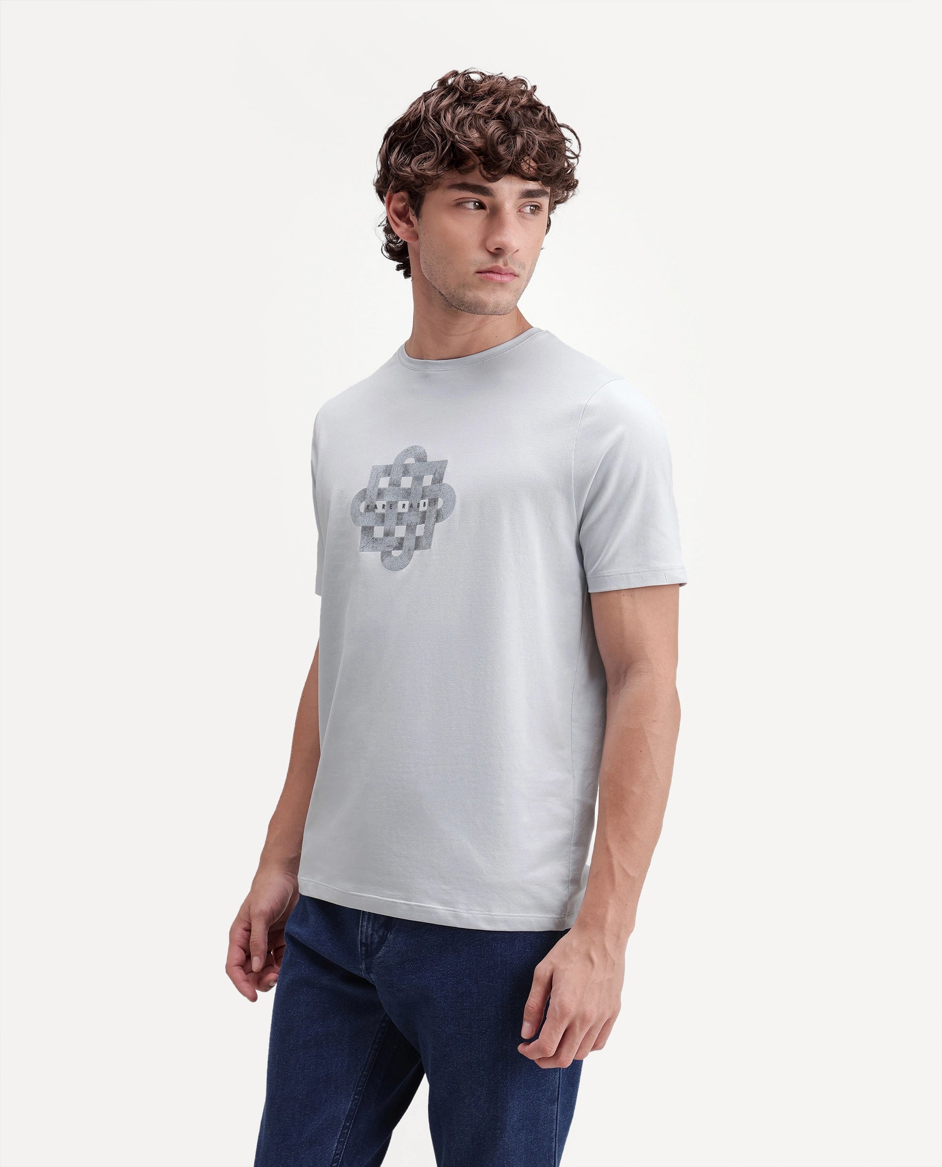 Rare Rabbit Men's Ziv Light Blue Cotton Blend Crew Neck Regular Graphic Print T-Shirt