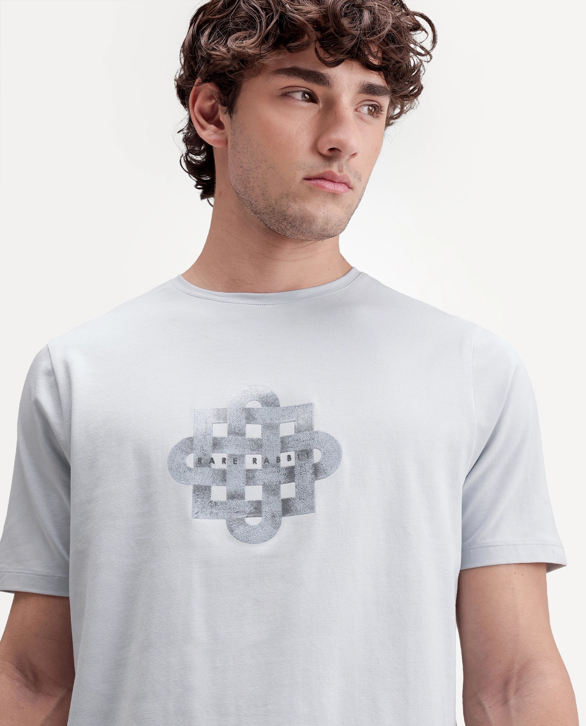 Rare Rabbit Men's Ziv Light Blue Cotton Blend Crew Neck Regular Graphic Print T-Shirt