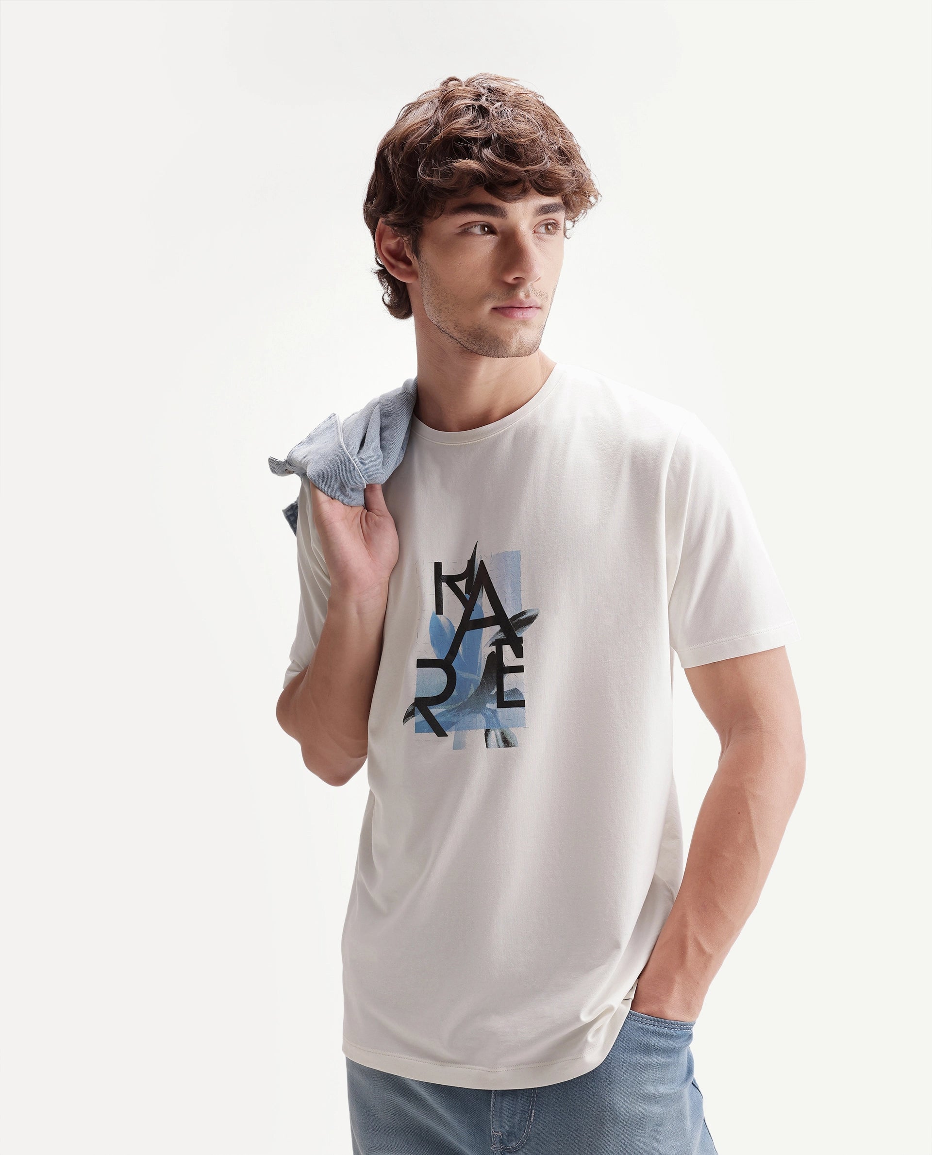 Rare Rabbit Men's Leister White Cotton Blend Crew Neck Regular Floral Graphic Print T-Shirt