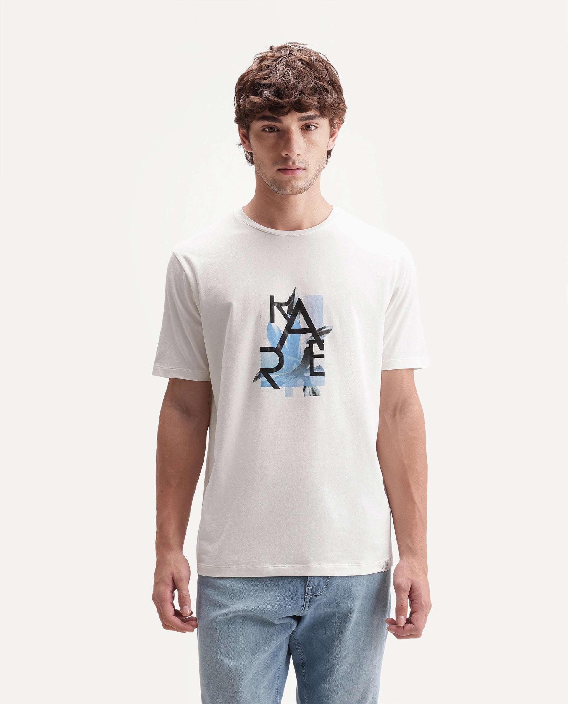 Rare Rabbit Men's Leister White Cotton Blend Crew Neck Regular Floral Graphic Print T-Shirt