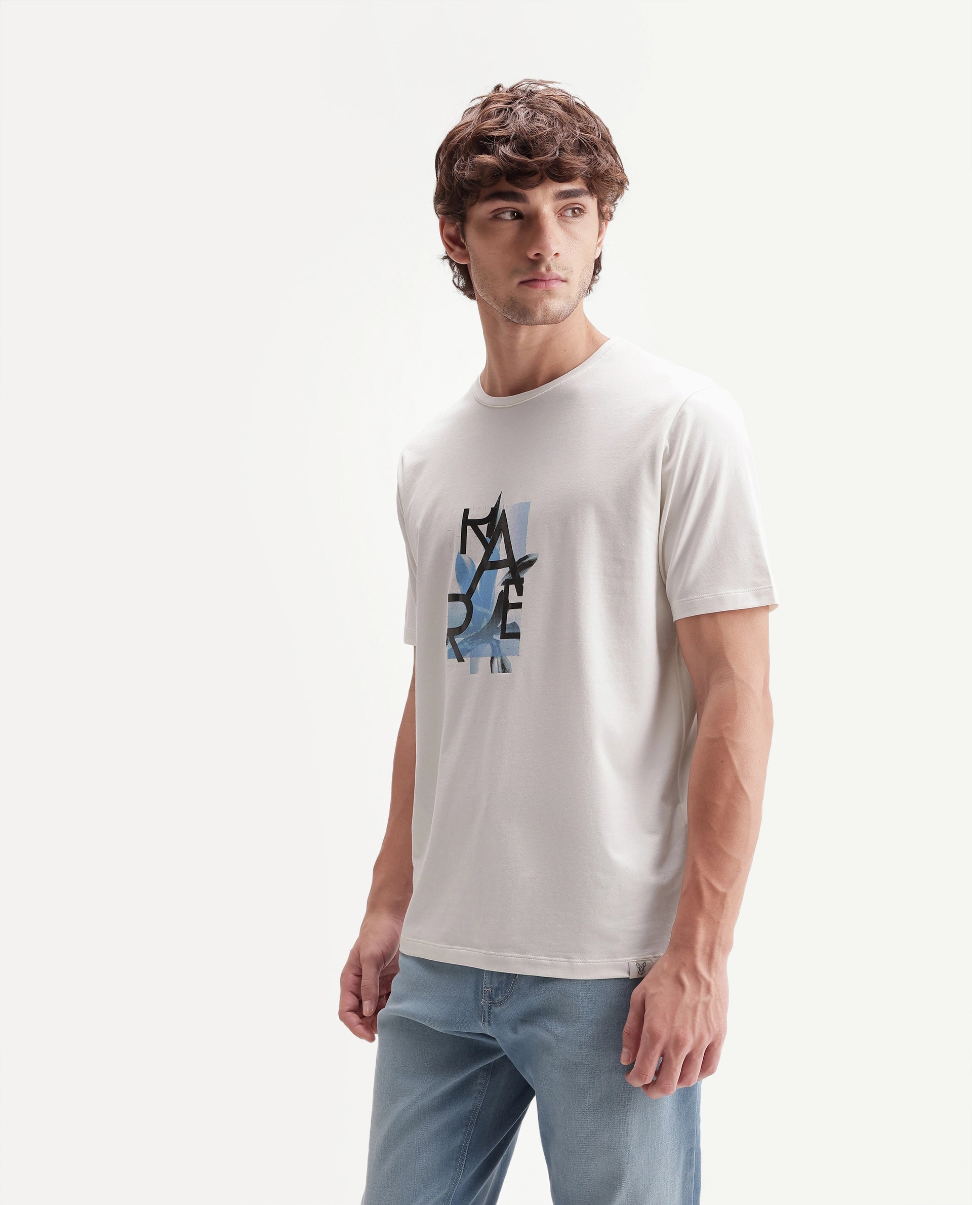 Rare Rabbit Men's Leister White Cotton Blend Crew Neck Regular Floral Graphic Print T-Shirt