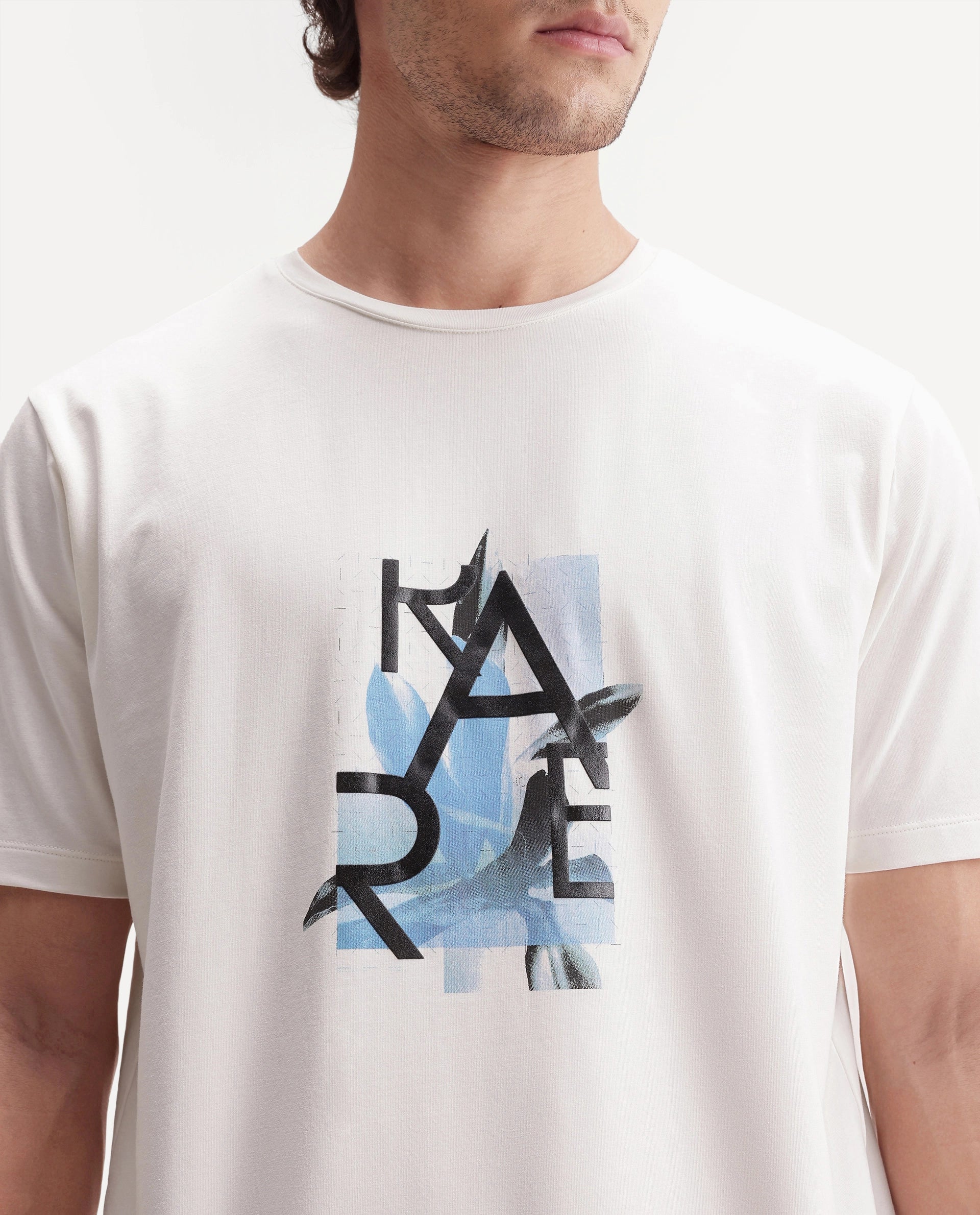 Rare Rabbit Men's Leister White Cotton Blend Crew Neck Regular Floral Graphic Print T-Shirt