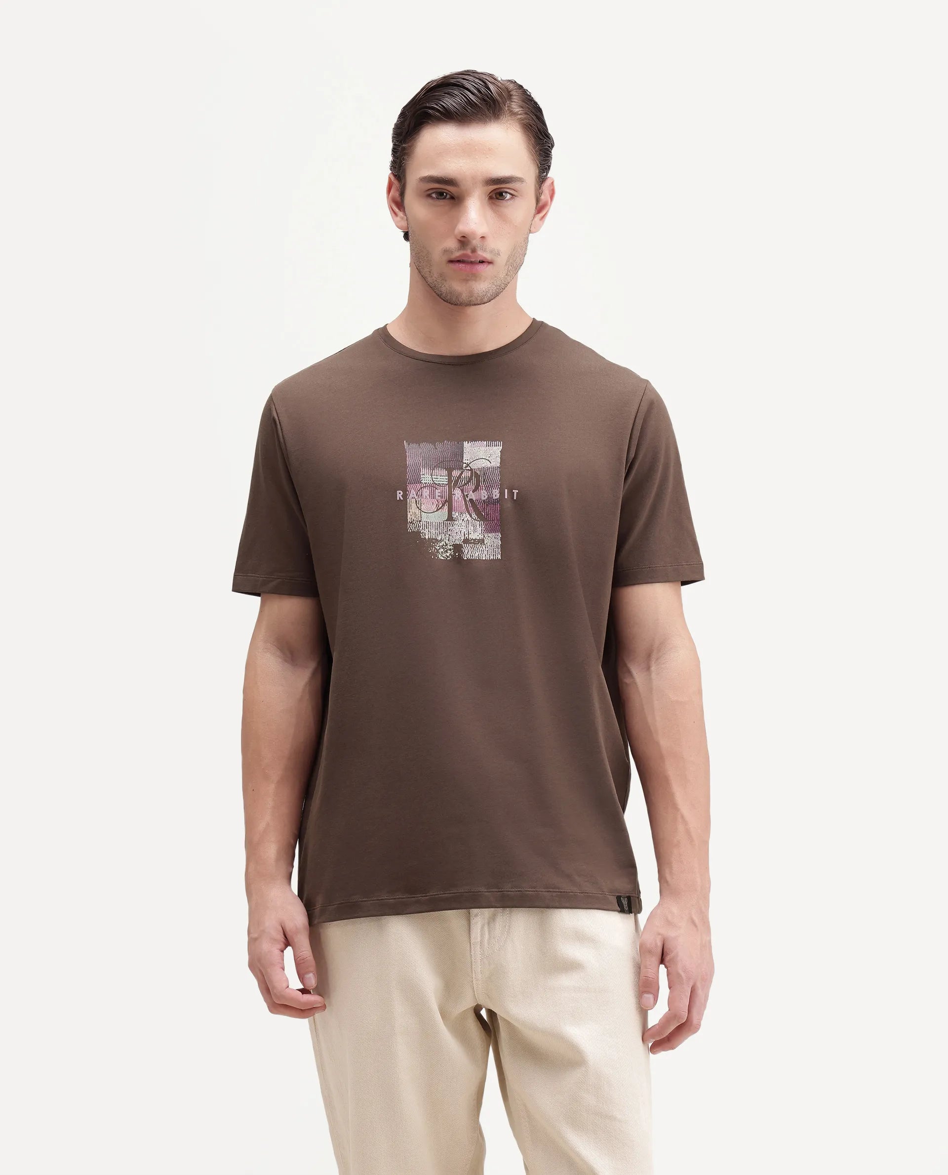 Rare Rabbit Men's Fore-A26 Dusky Brown Cotton Blend Crew Neck Regular Graphic Print T-Shirt