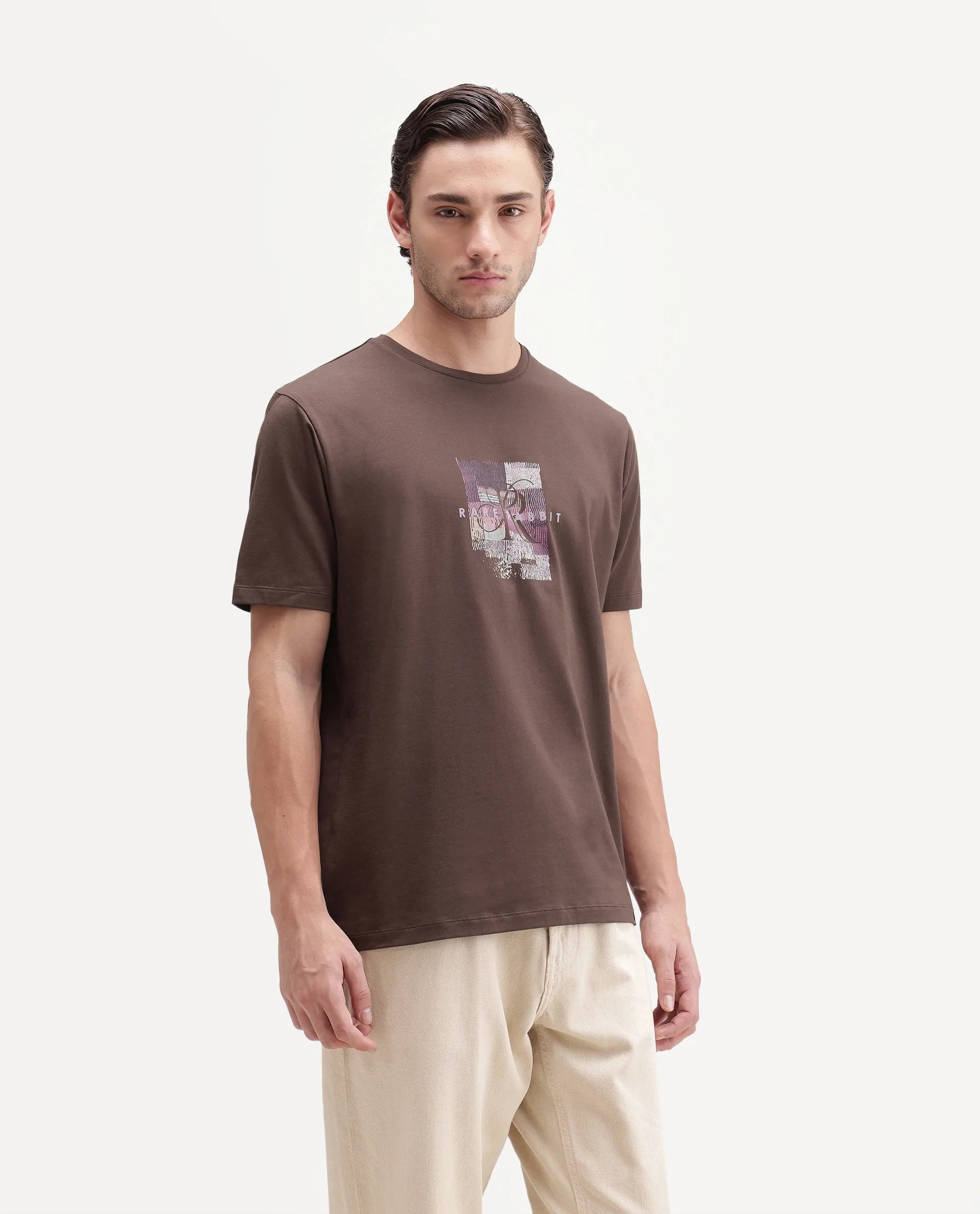 Rare Rabbit Men's Fore-A26 Dusky Brown Cotton Blend Crew Neck Regular Graphic Print T-Shirt