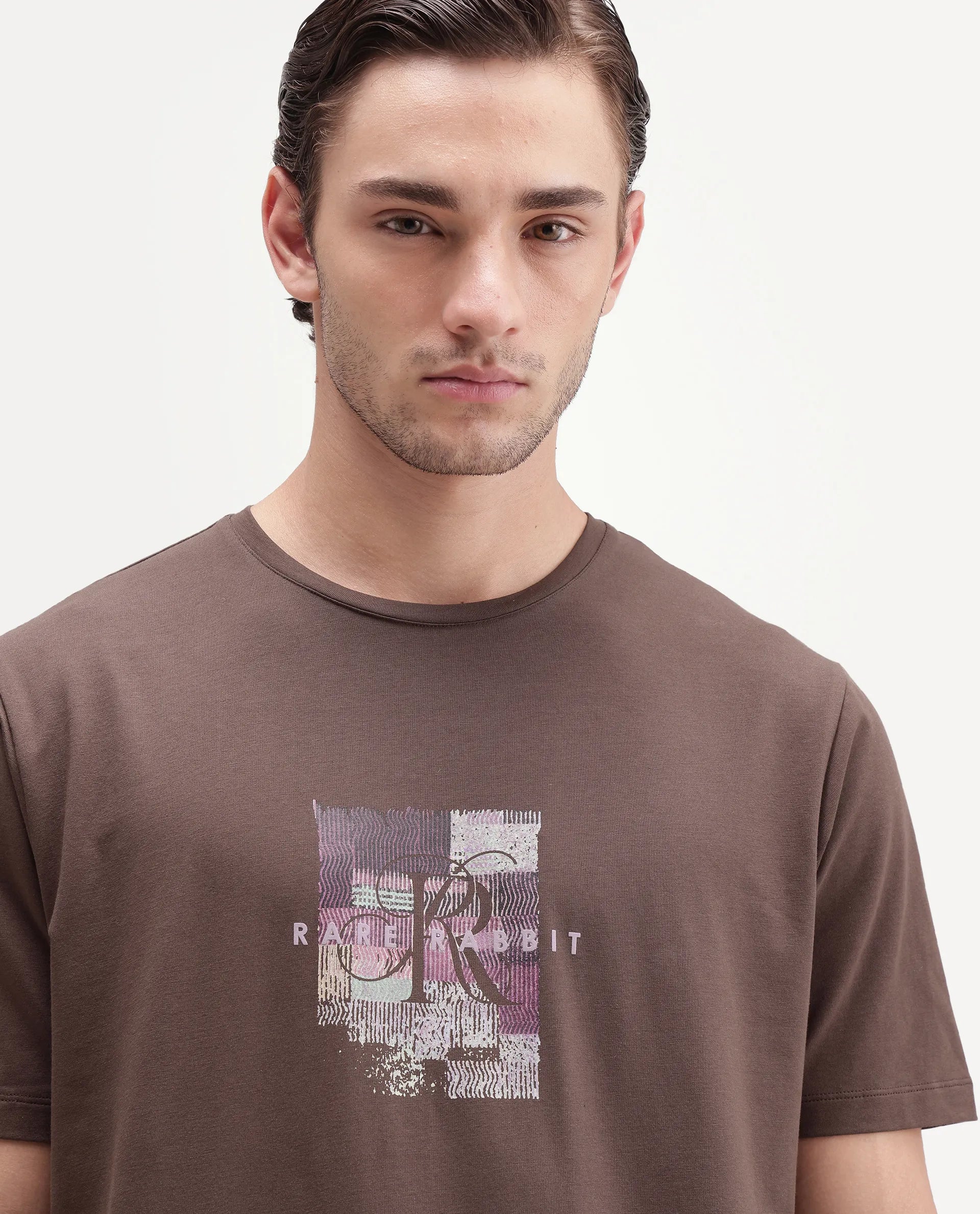 Rare Rabbit Men's Fore-A26 Dusky Brown Cotton Blend Crew Neck Regular Graphic Print T-Shirt