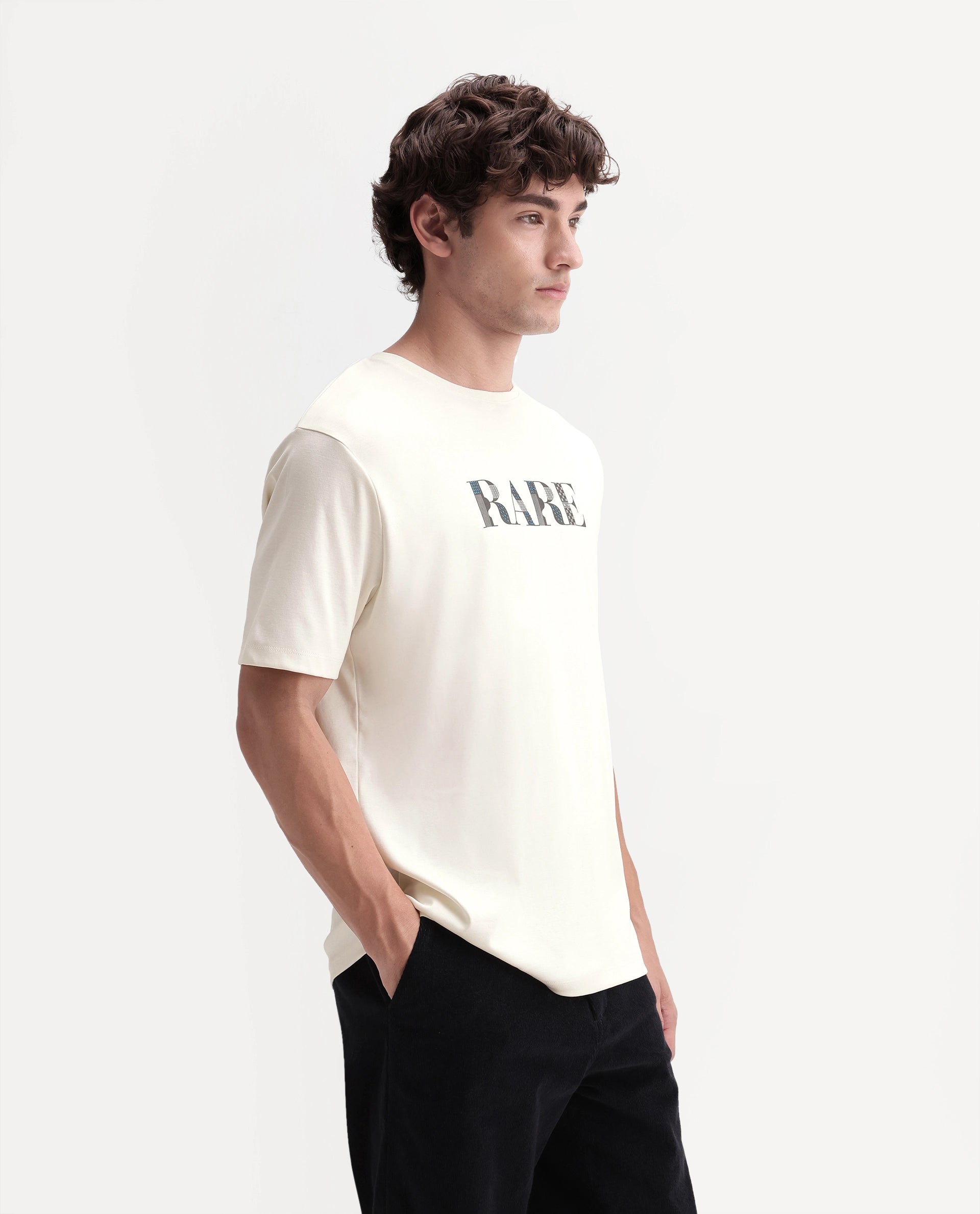 Rare Rabbit Men's Marcus Off White Cotton Crew Neck Regular Graphic Print T-Shirt