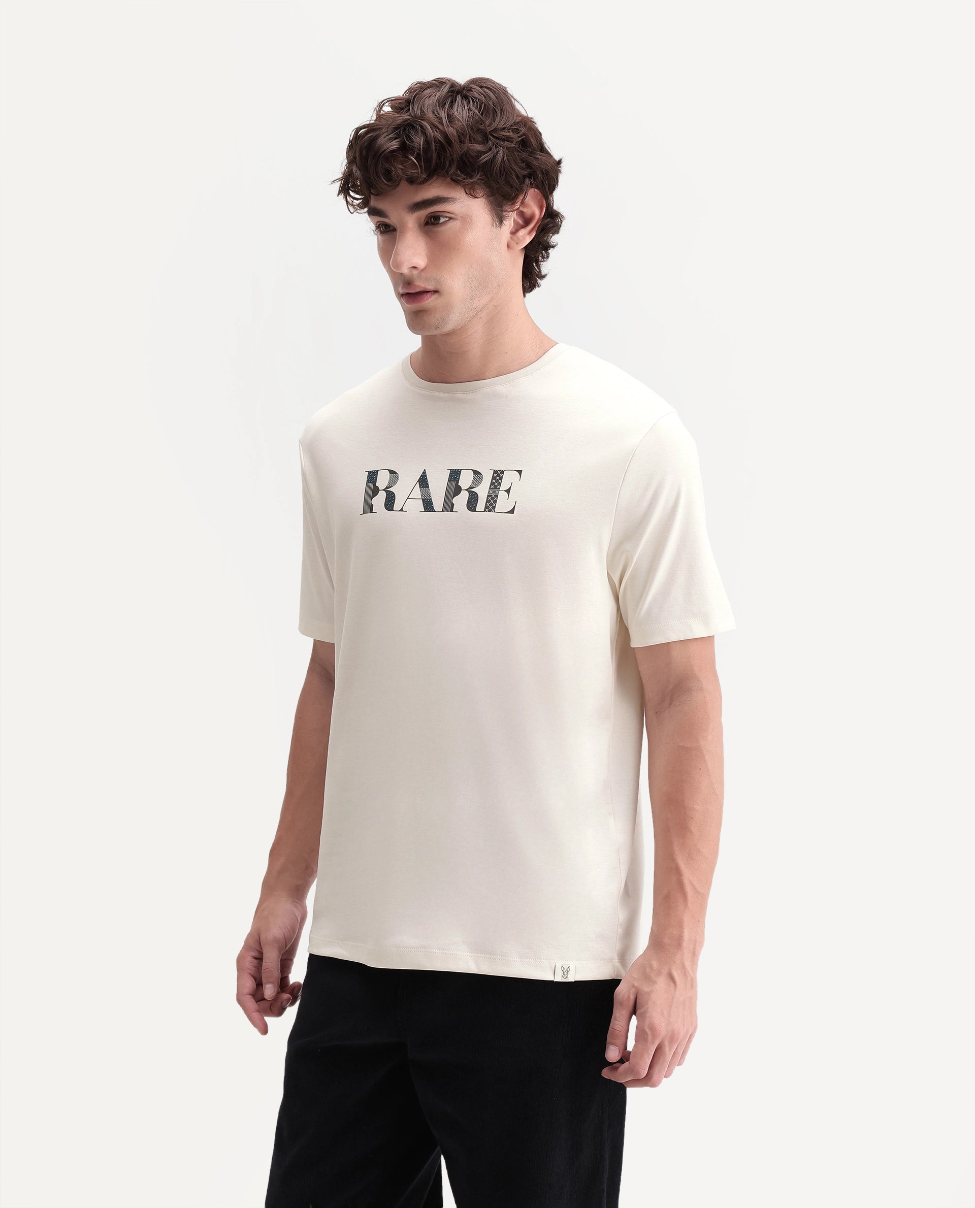 Rare Rabbit Men's Marcus Off White Cotton Crew Neck Regular Graphic Print T-Shirt