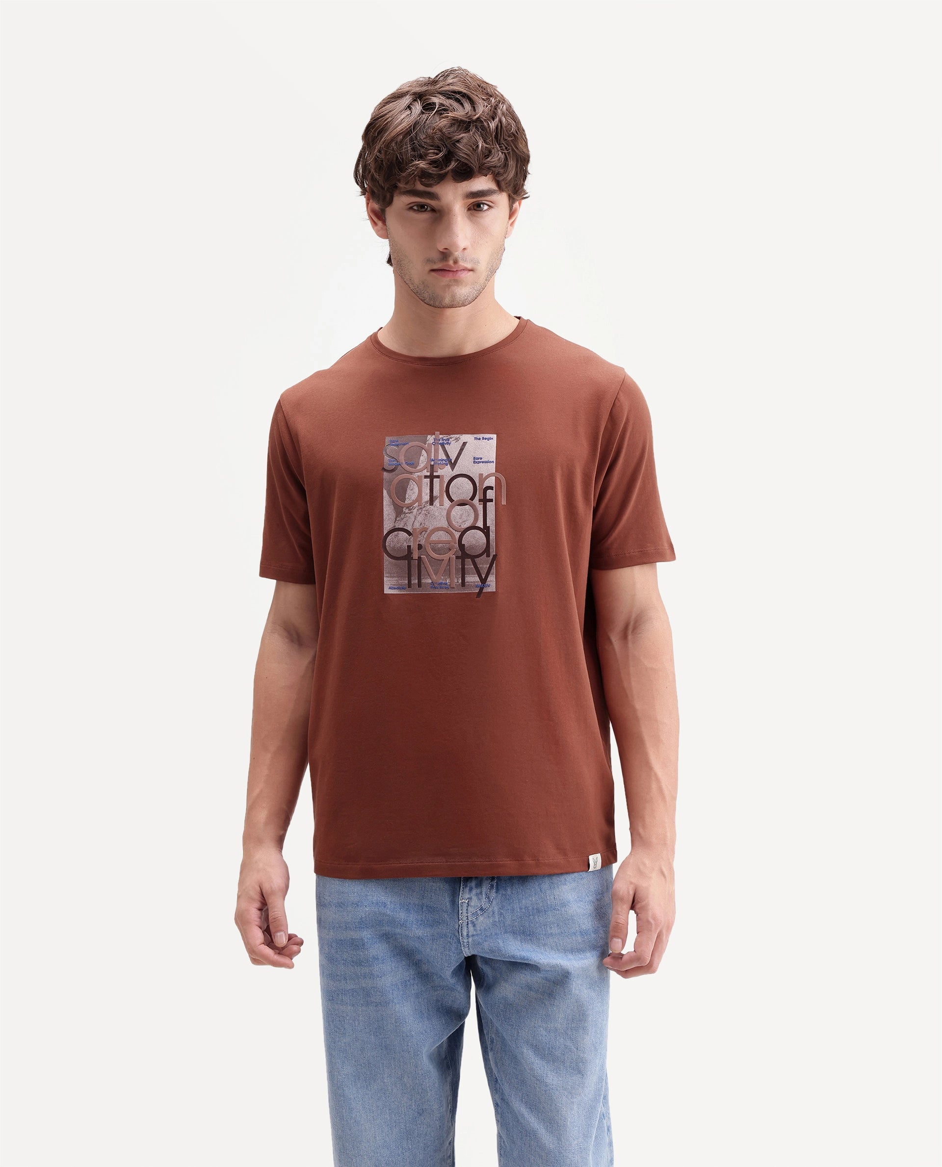 Rare Rabbit Men's Bryn Primary Rust Cotton Blend Crew Neck Regular Graphic Print T-Shirt