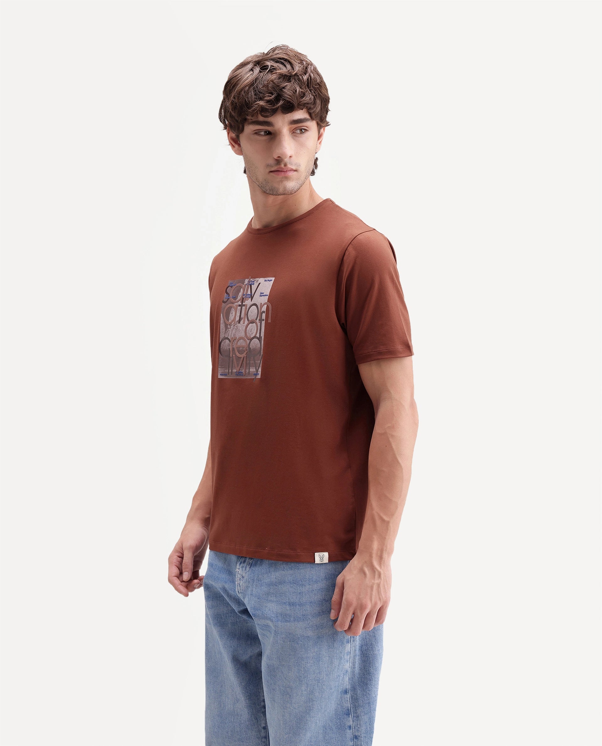 Rare Rabbit Men's Bryn Primary Rust Cotton Blend Crew Neck Regular Graphic Print T-Shirt