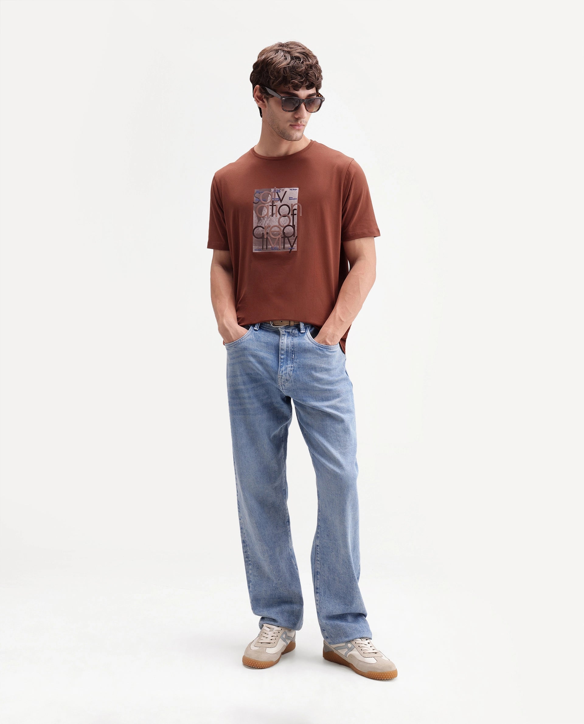Rare Rabbit Men's Bryn Primary Rust Cotton Blend Crew Neck Regular Graphic Print T-Shirt