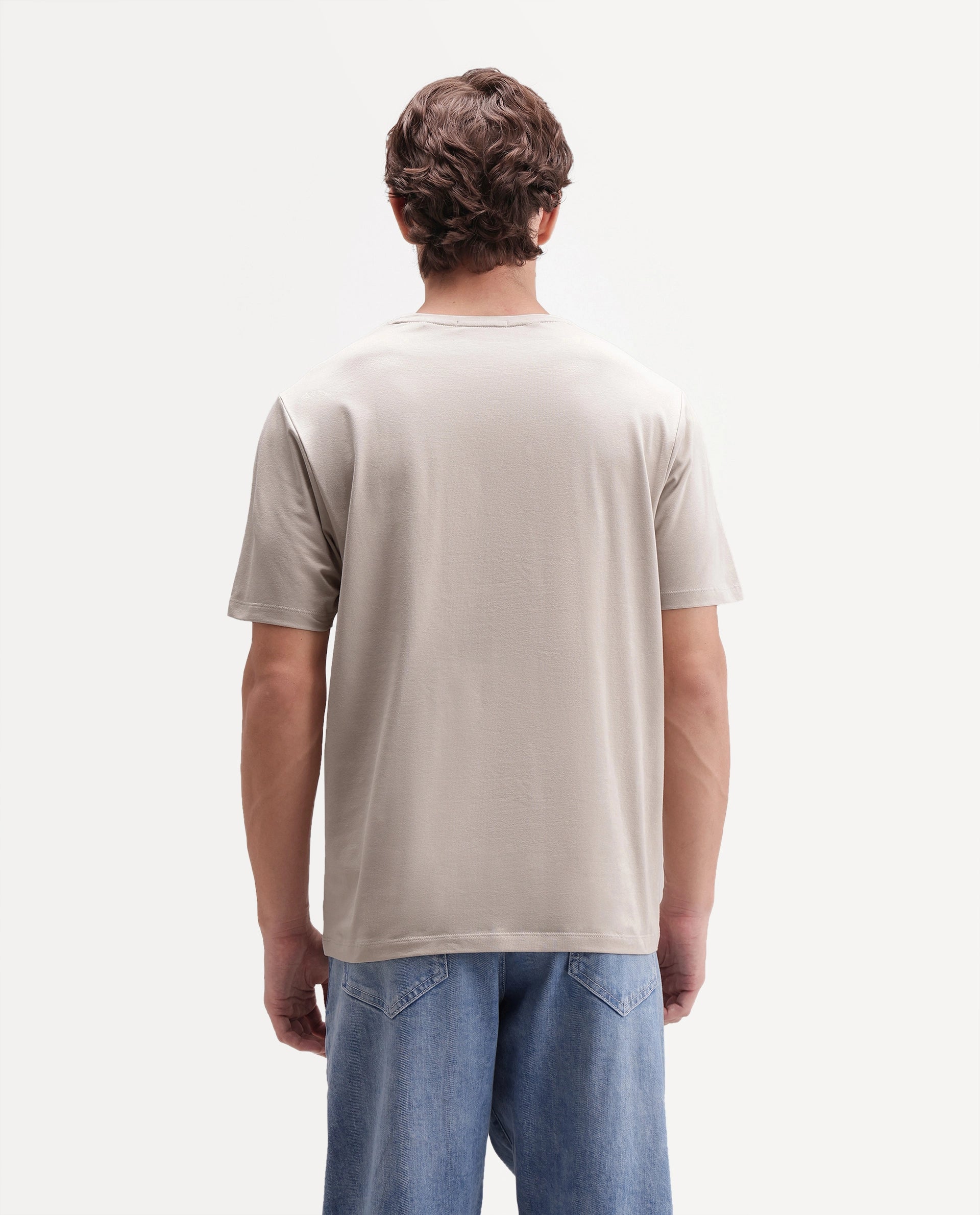 Rare Rabbit Men's Bryn Light Beige Cotton Blend Crew Neck Regular Graphic Print T-Shirt