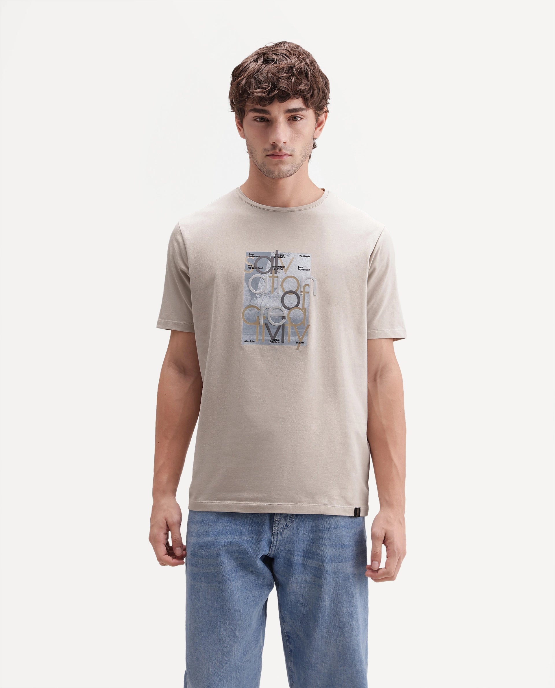 Rare Rabbit Men's Bryn Light Beige Cotton Blend Crew Neck Regular Graphic Print T-Shirt