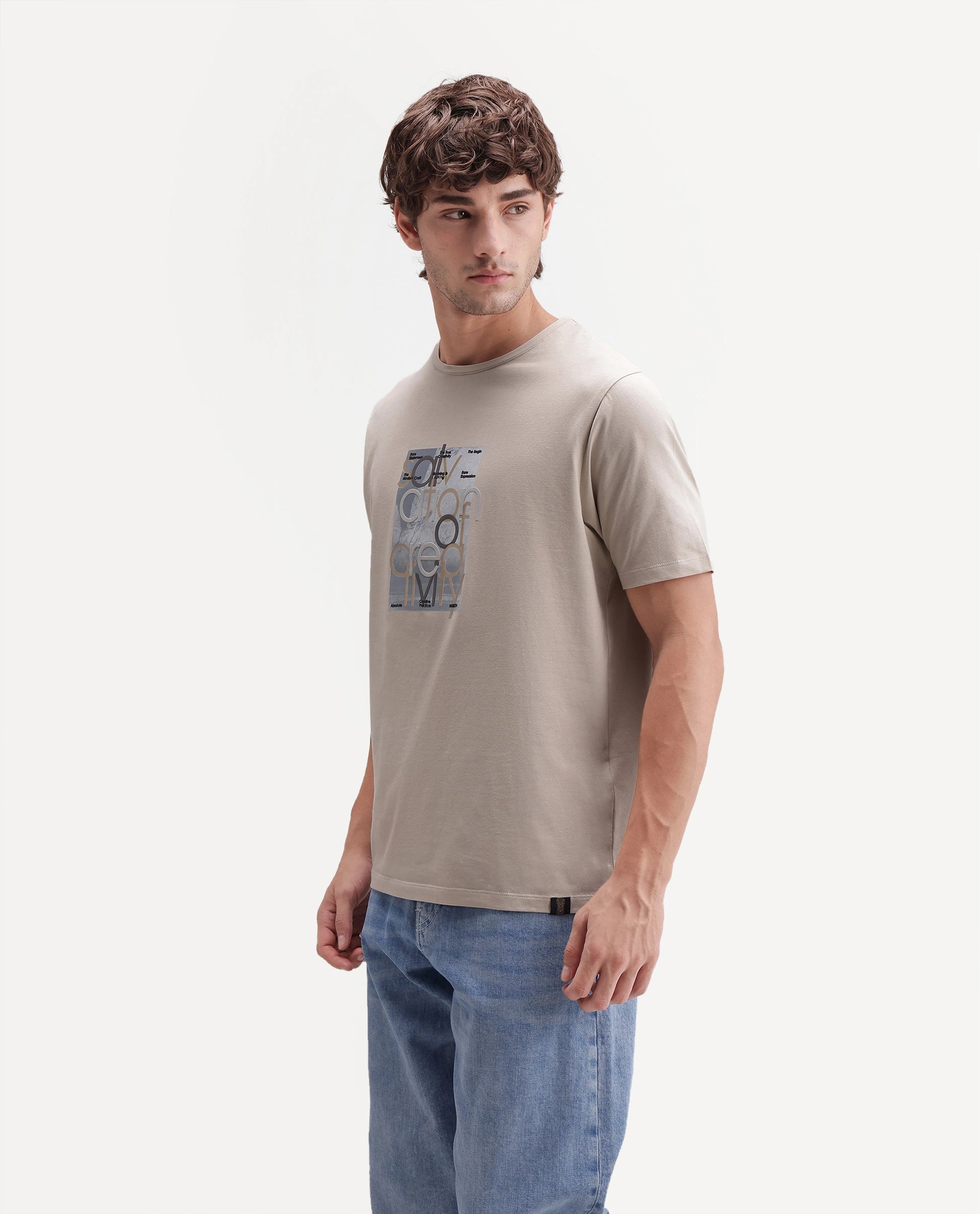 Rare Rabbit Men's Bryn Light Beige Cotton Blend Crew Neck Regular Graphic Print T-Shirt