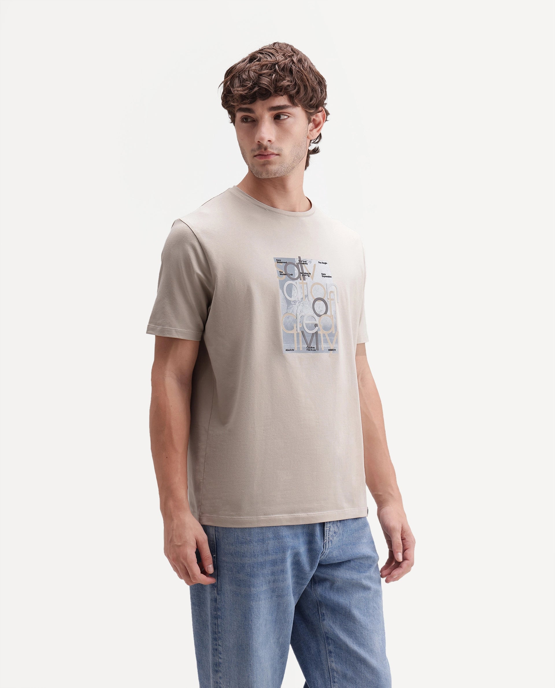 Rare Rabbit Men's Bryn Light Beige Cotton Blend Crew Neck Regular Graphic Print T-Shirt