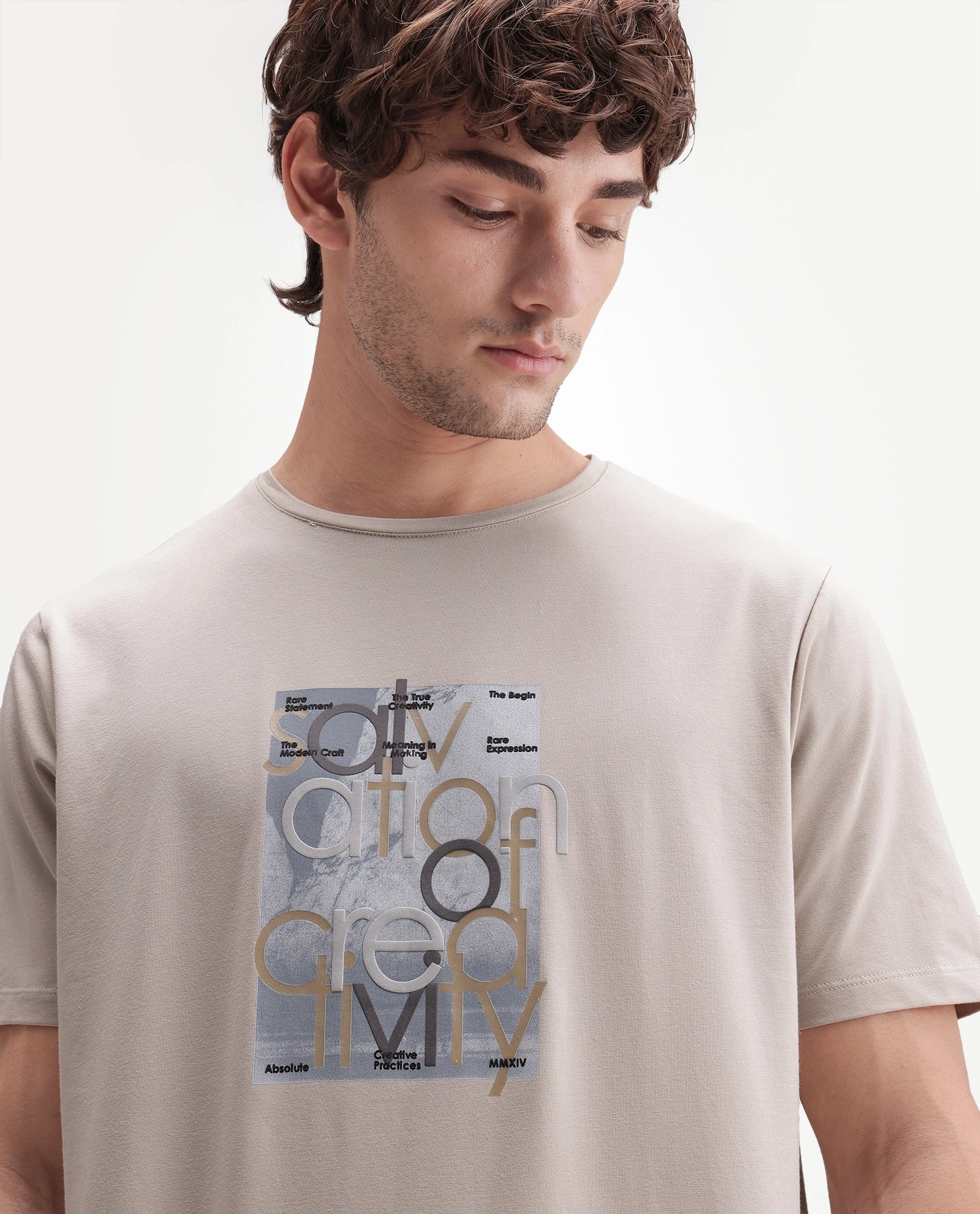 Rare Rabbit Men's Bryn Light Beige Cotton Blend Crew Neck Regular Graphic Print T-Shirt