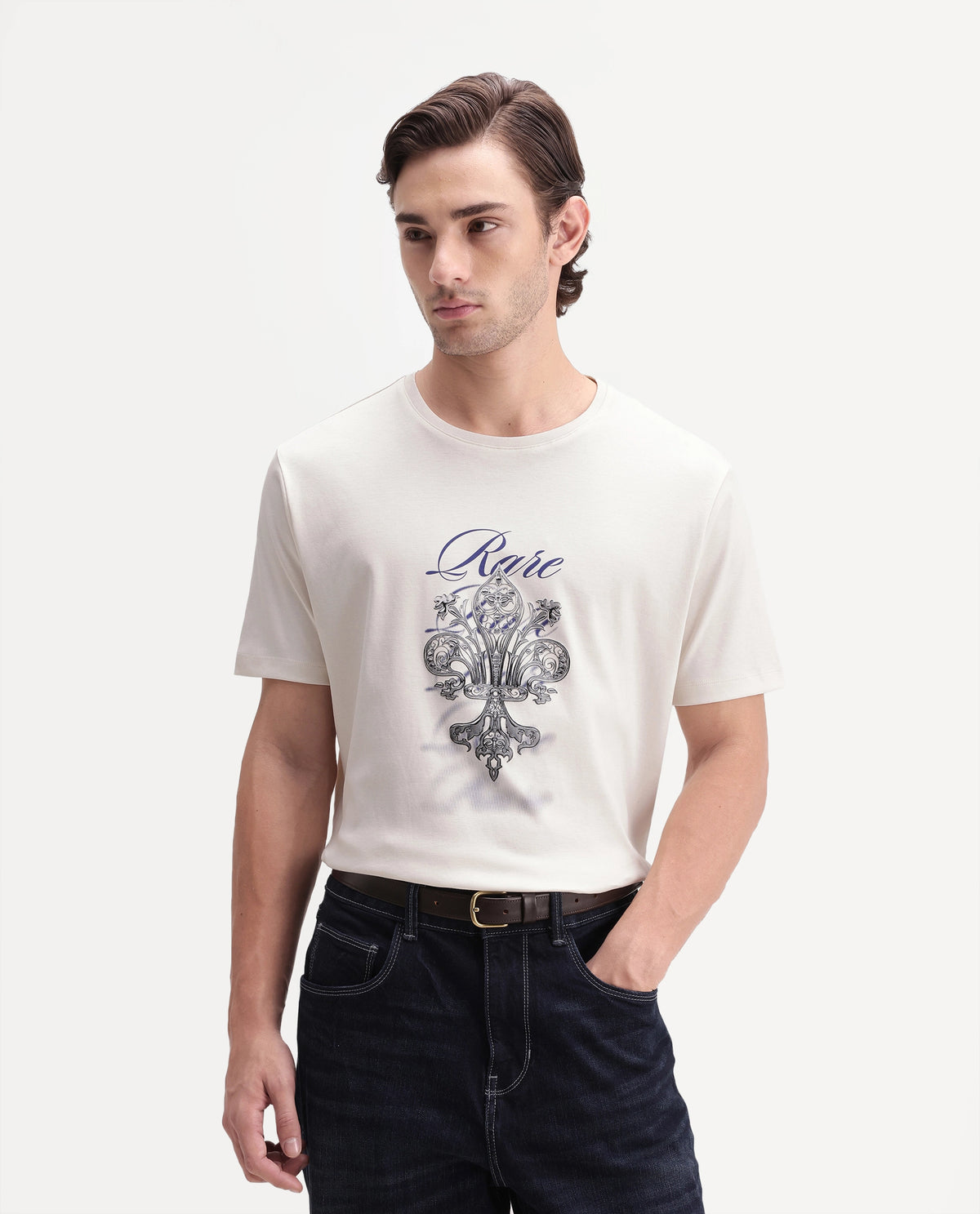 Rare Rabbit Men's Ford Off White Cotton Crew Neck Regular Graphic Print T-Shirt