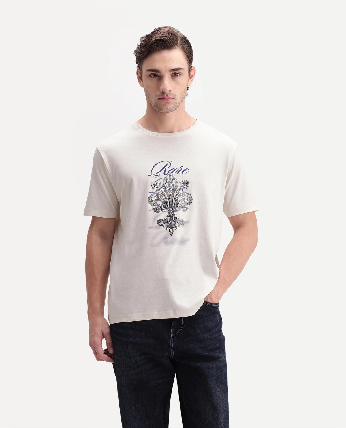 Rare Rabbit Men's Ford Off White Cotton Crew Neck Regular Graphic Print T-Shirt