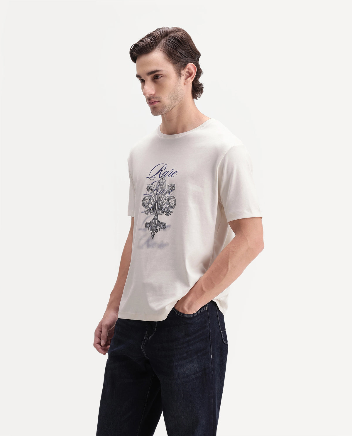 Rare Rabbit Men's Ford Off White Cotton Crew Neck Regular Graphic Print T-Shirt