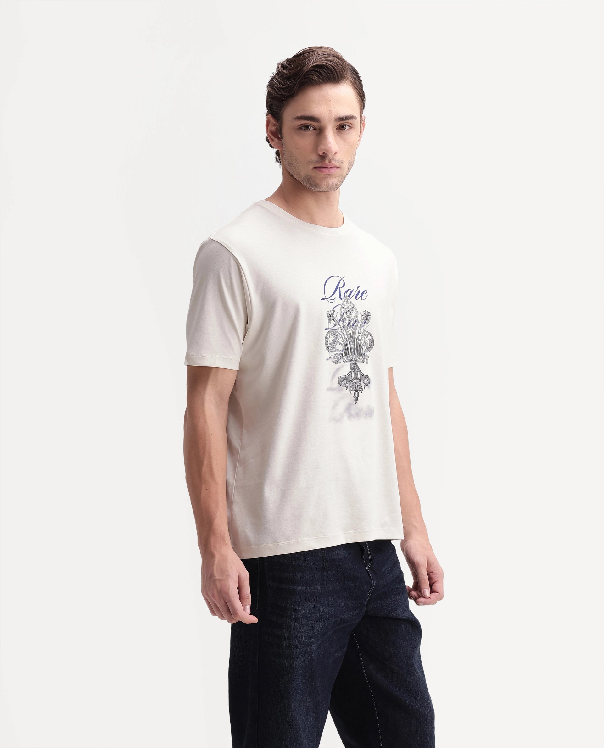 Rare Rabbit Men's Ford Off White Cotton Crew Neck Regular Graphic Print T-Shirt