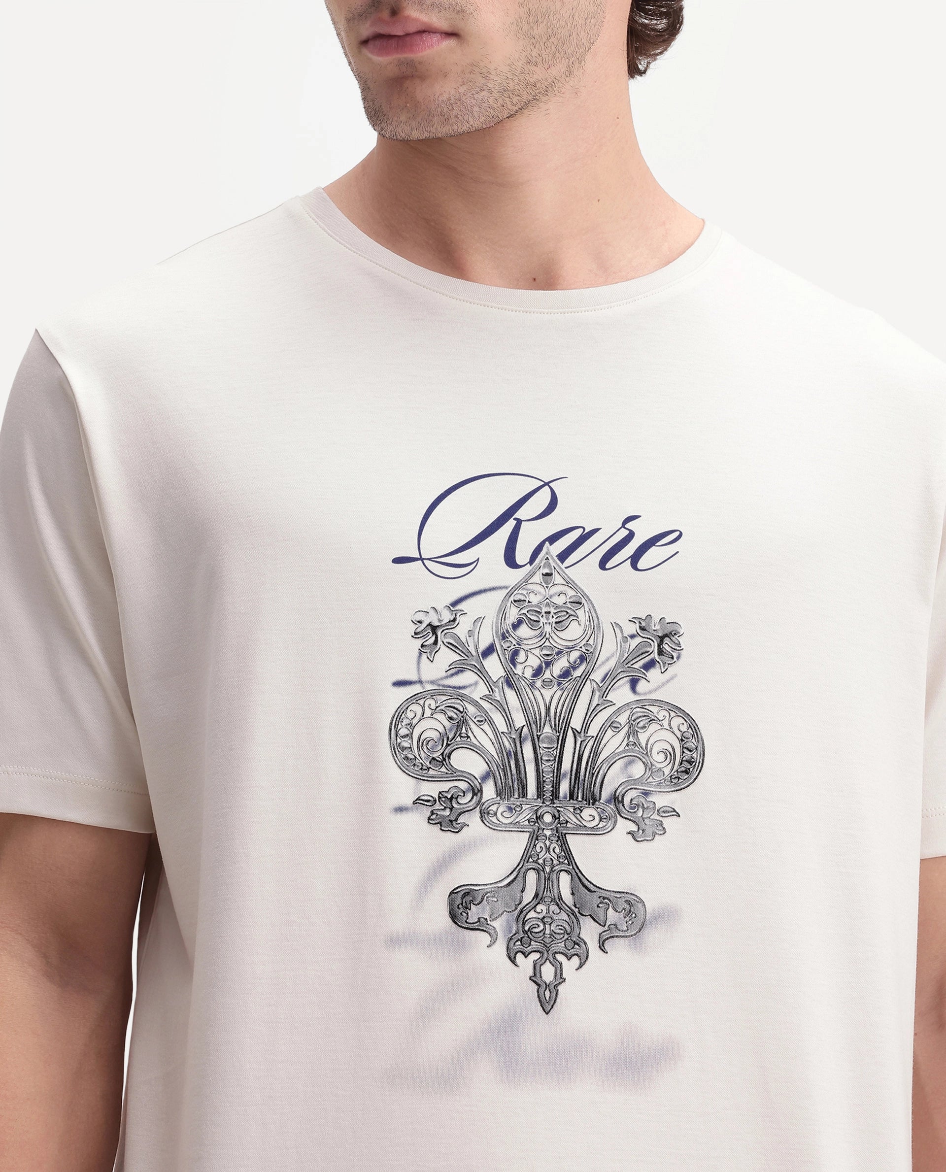 Rare Rabbit Men's Ford Off White Cotton Crew Neck Regular Graphic Print T-Shirt
