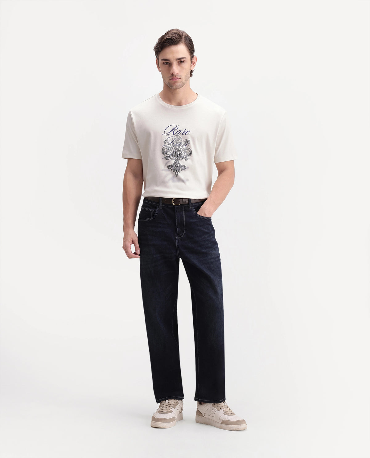 Rare Rabbit Men's Ford Off White Cotton Crew Neck Regular Graphic Print T-Shirt