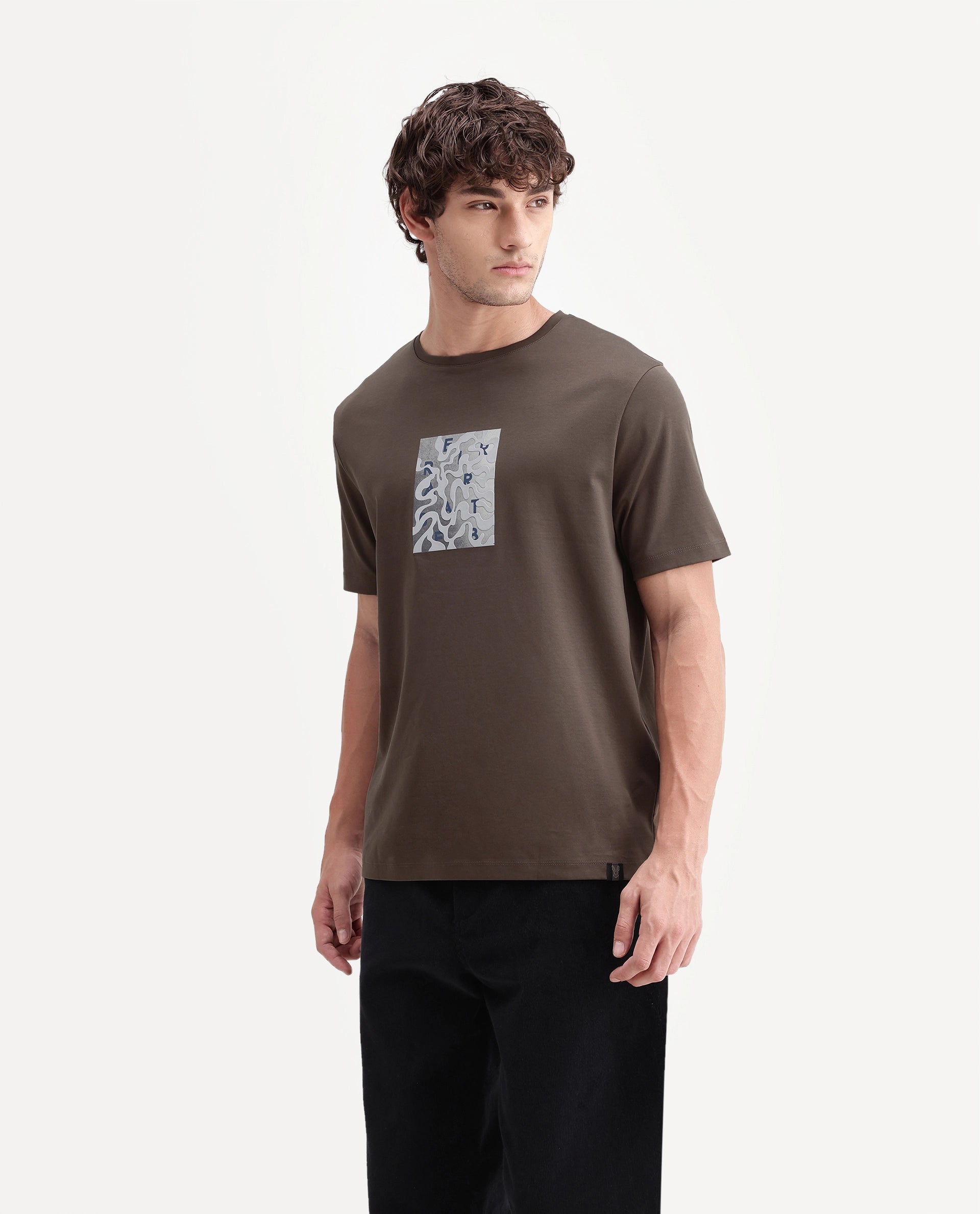 Rare Rabbit Men's Soho Dusky Brown Cotton Crew Neck Regular Graphic Print T-Shirt