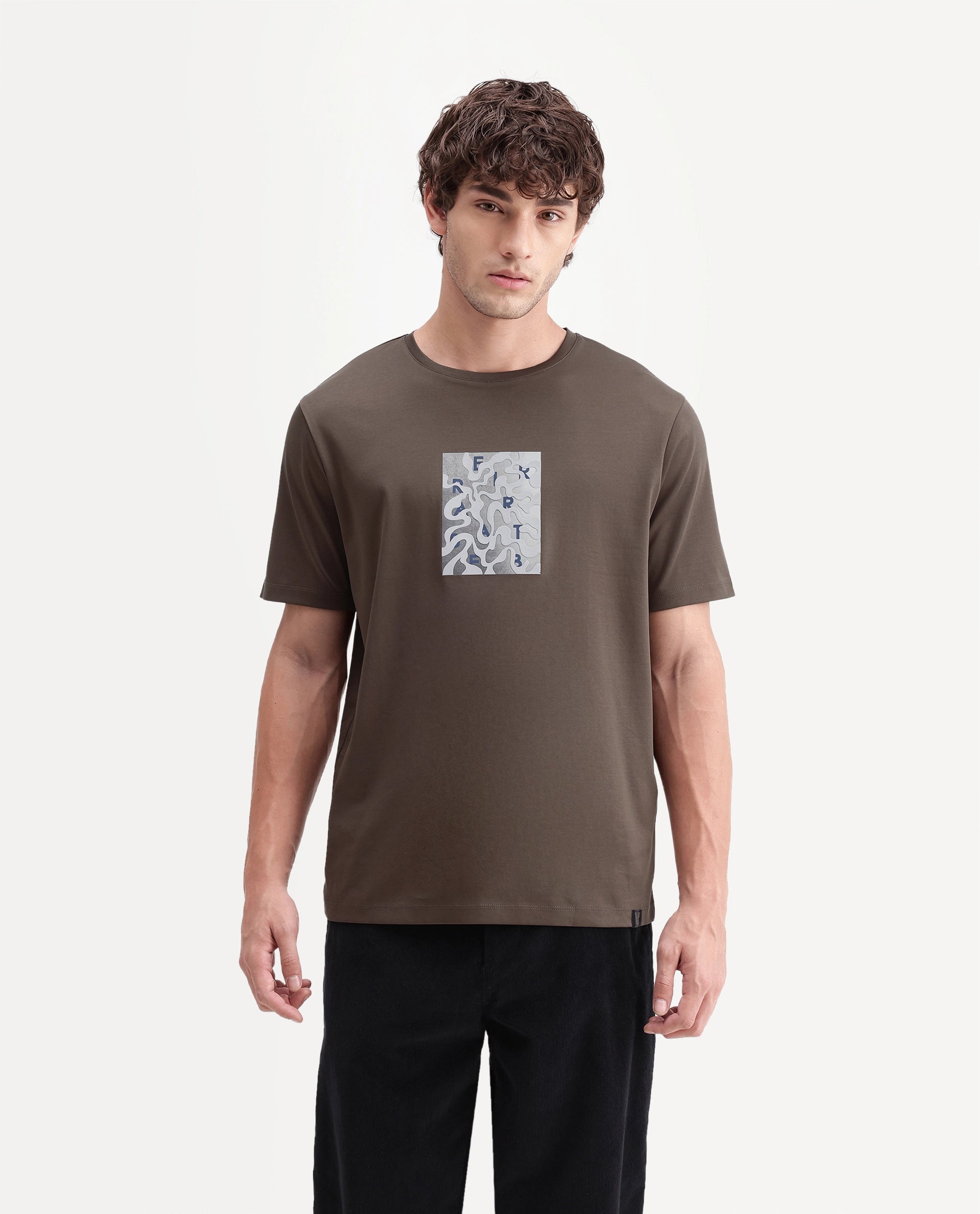 Rare Rabbit Men's Soho Dusky Brown Cotton Crew Neck Regular Graphic Print T-Shirt