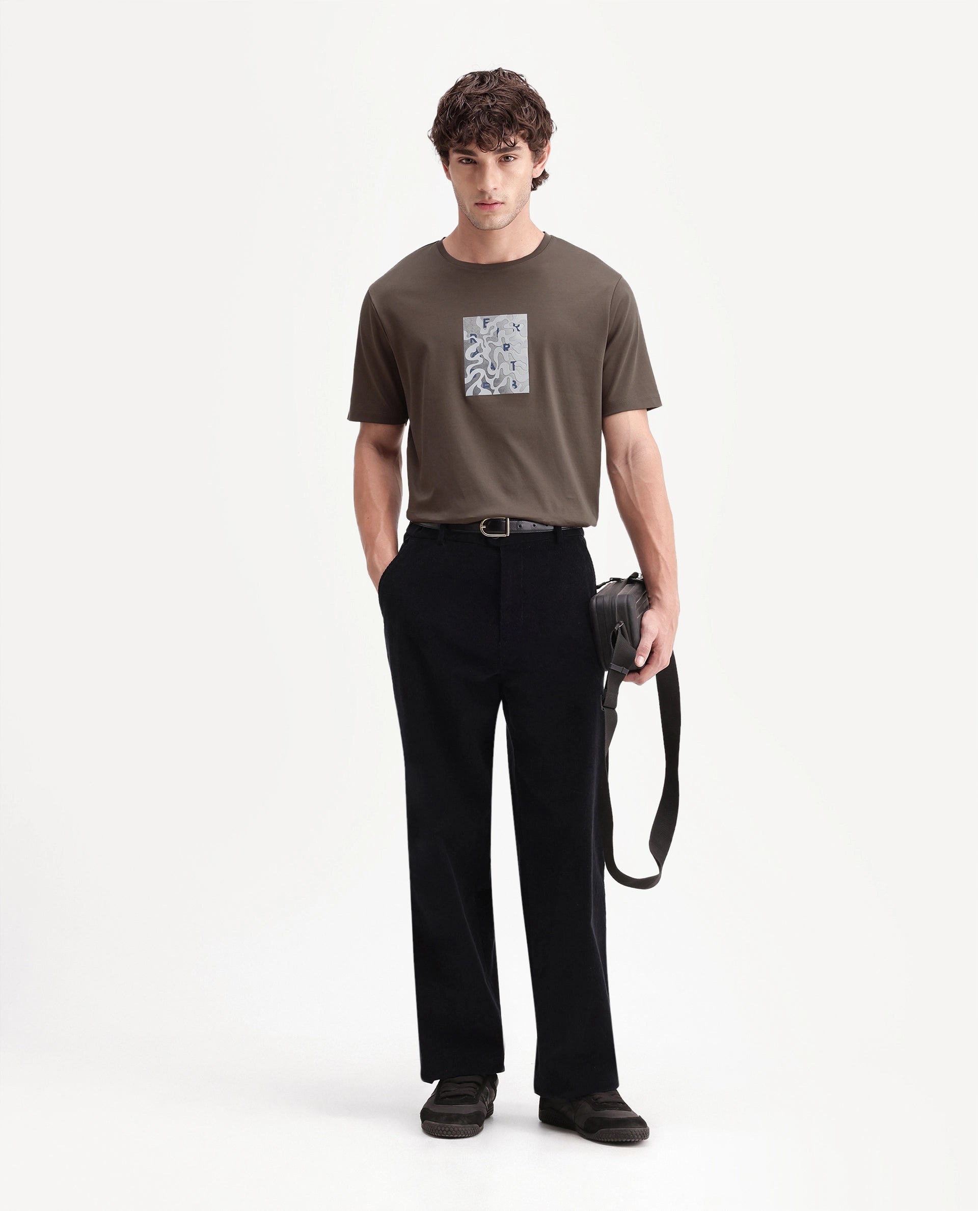Rare Rabbit Men's Soho Dusky Brown Cotton Crew Neck Regular Graphic Print T-Shirt