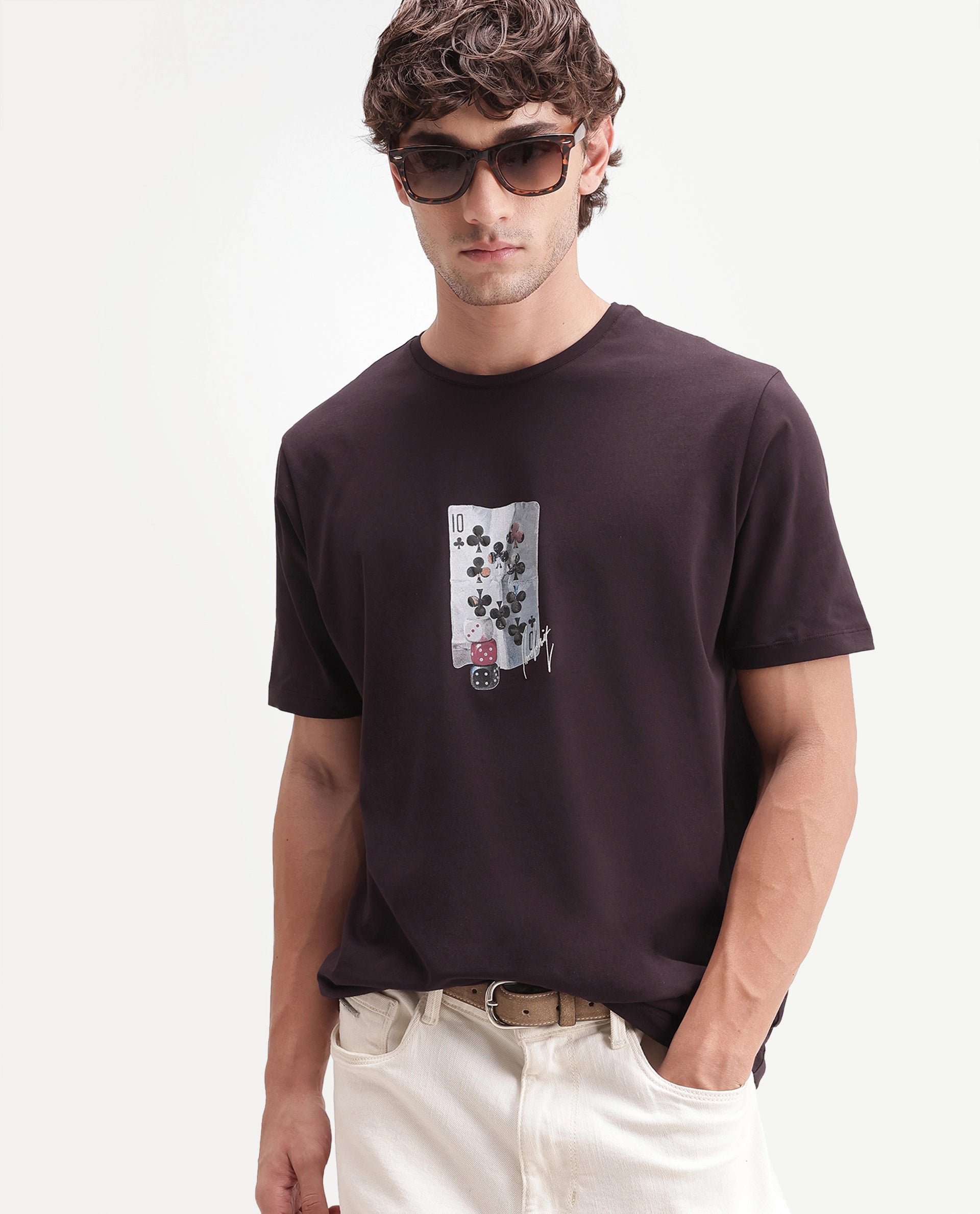 Rare Rabbit Men's Barkley Dark Maroon Cotton Blend Crew Neck Regular Graphic Print T-Shirt