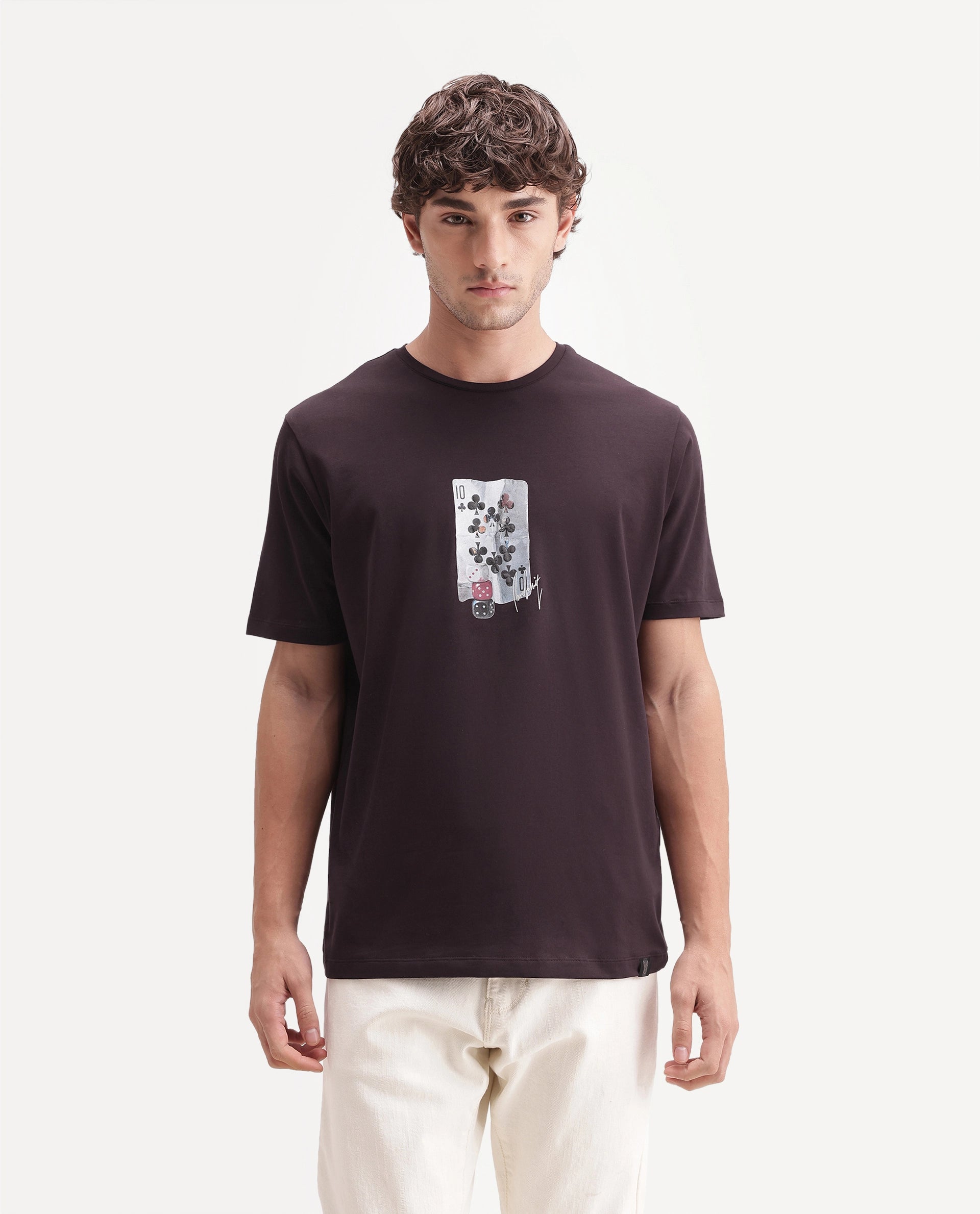 Rare Rabbit Men's Barkley Dark Maroon Cotton Blend Crew Neck Regular Graphic Print T-Shirt