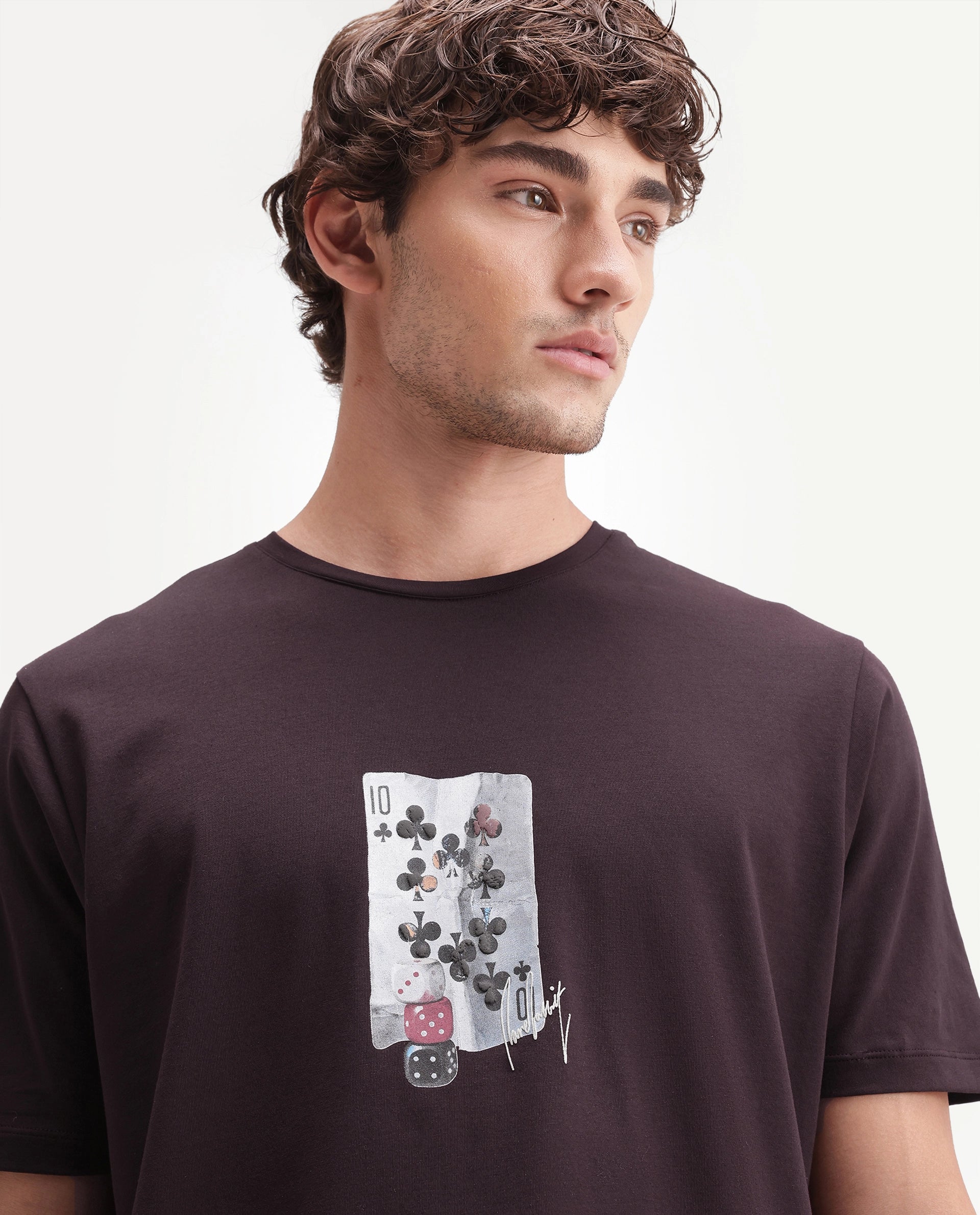 Rare Rabbit Men's Barkley Dark Maroon Cotton Blend Crew Neck Regular Graphic Print T-Shirt