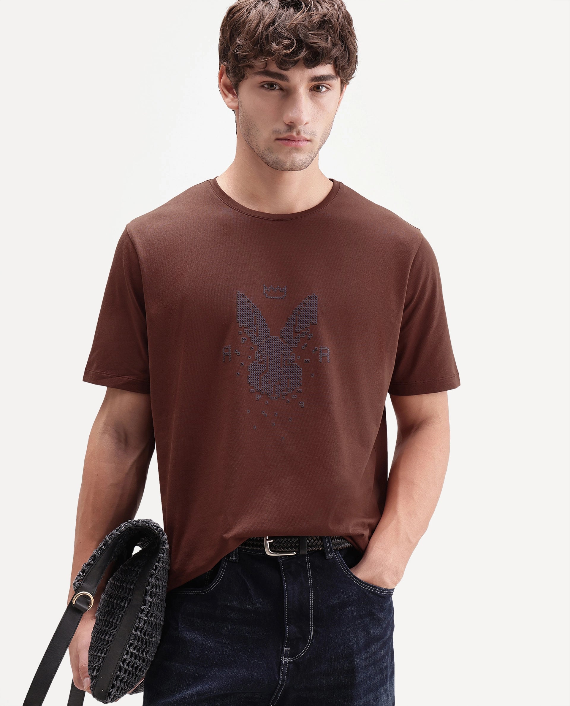 Rare Rabbit Men's Wamble Rust Cotton Blend Crew Neck Regular Graphic Print T-Shirt