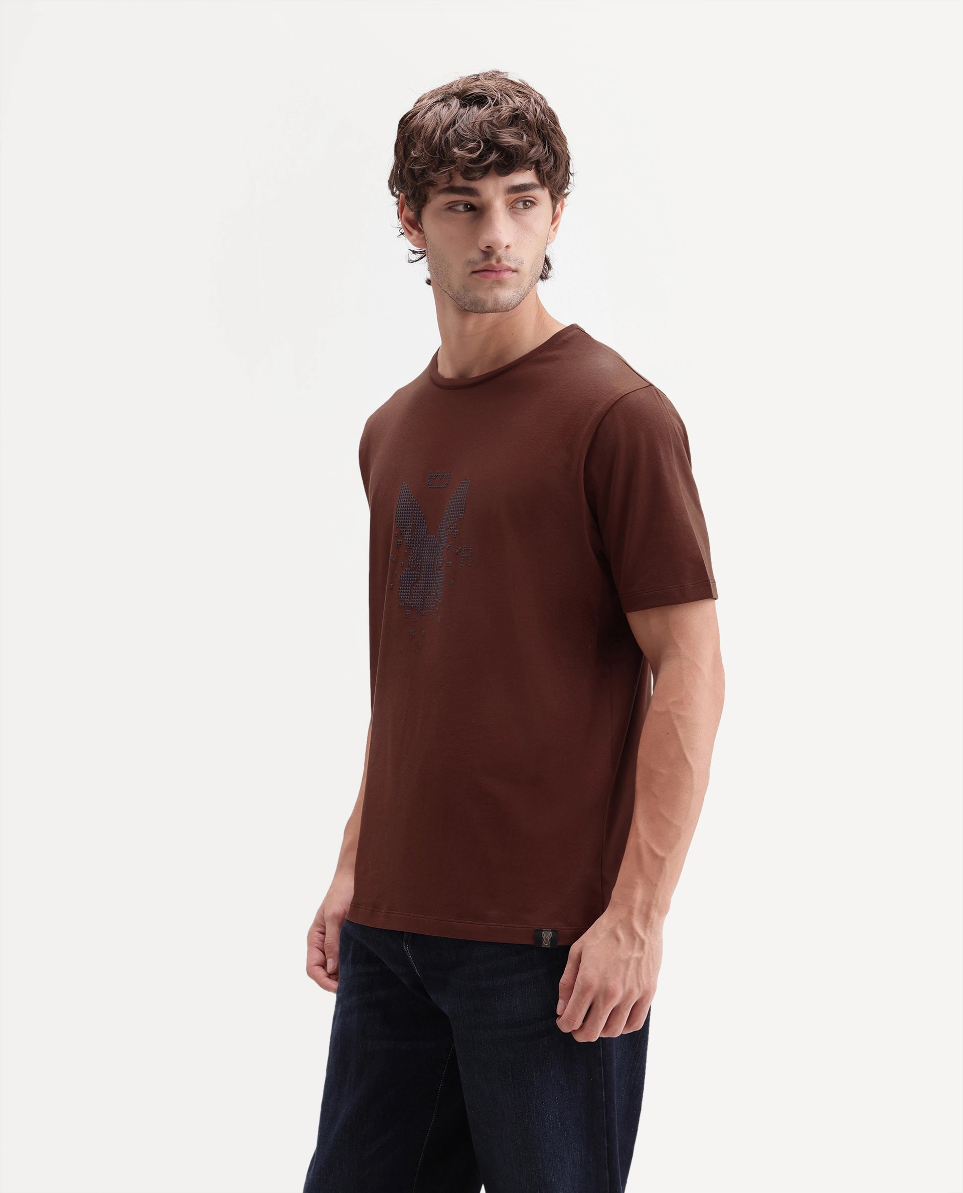 Rare Rabbit Men's Wamble Rust Cotton Blend Crew Neck Regular Graphic Print T-Shirt