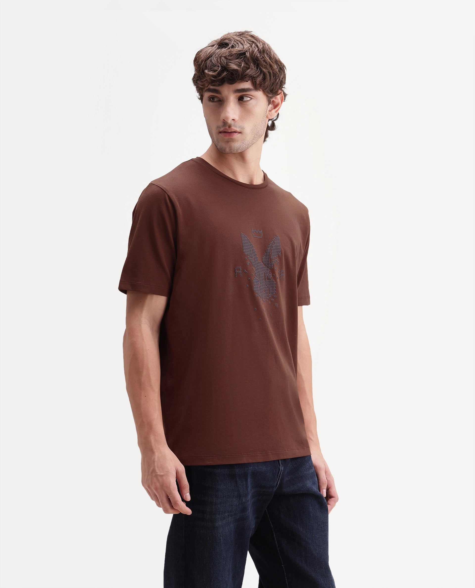 Rare Rabbit Men's Wamble Rust Cotton Blend Crew Neck Regular Graphic Print T-Shirt
