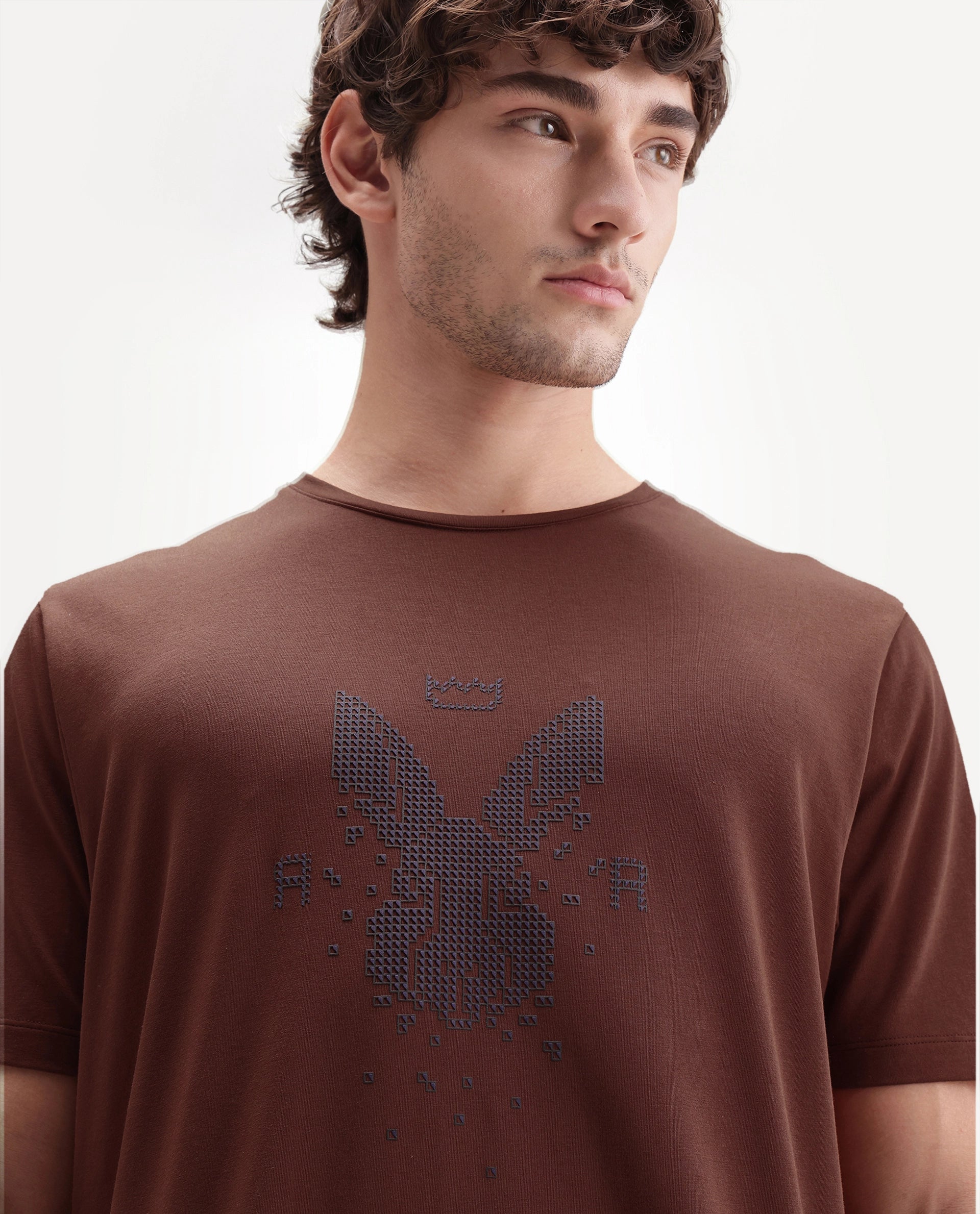 Rare Rabbit Men's Wamble Rust Cotton Blend Crew Neck Regular Graphic Print T-Shirt