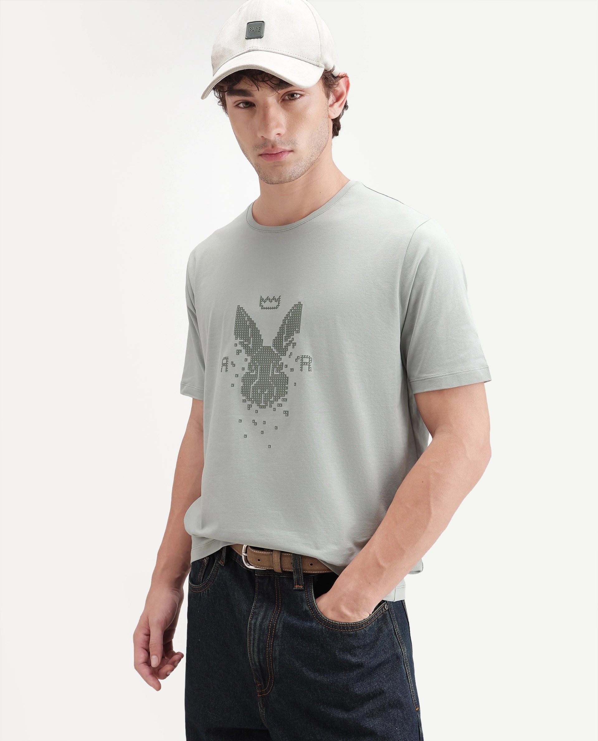 Rare Rabbit Men's Wamble Dusky Green Cotton Blend Crew Neck Regular Graphic Print T-Shirt