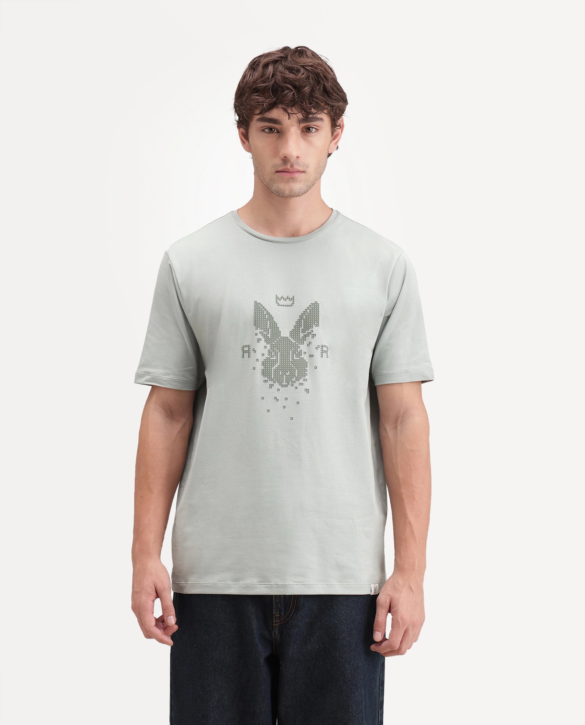 Rare Rabbit Men's Wamble Dusky Green Cotton Blend Crew Neck Regular Graphic Print T-Shirt