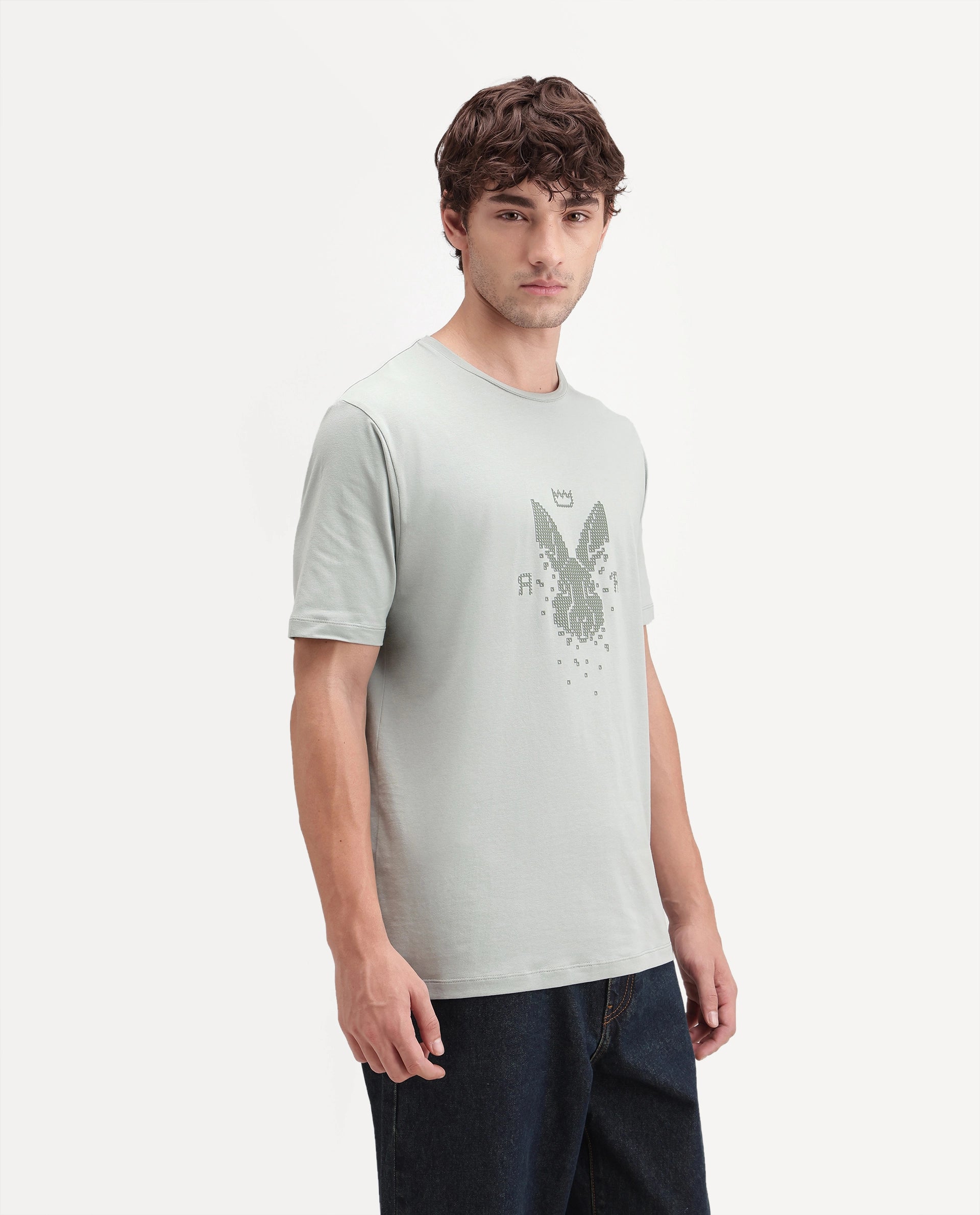 Rare Rabbit Men's Wamble Dusky Green Cotton Blend Crew Neck Regular Graphic Print T-Shirt