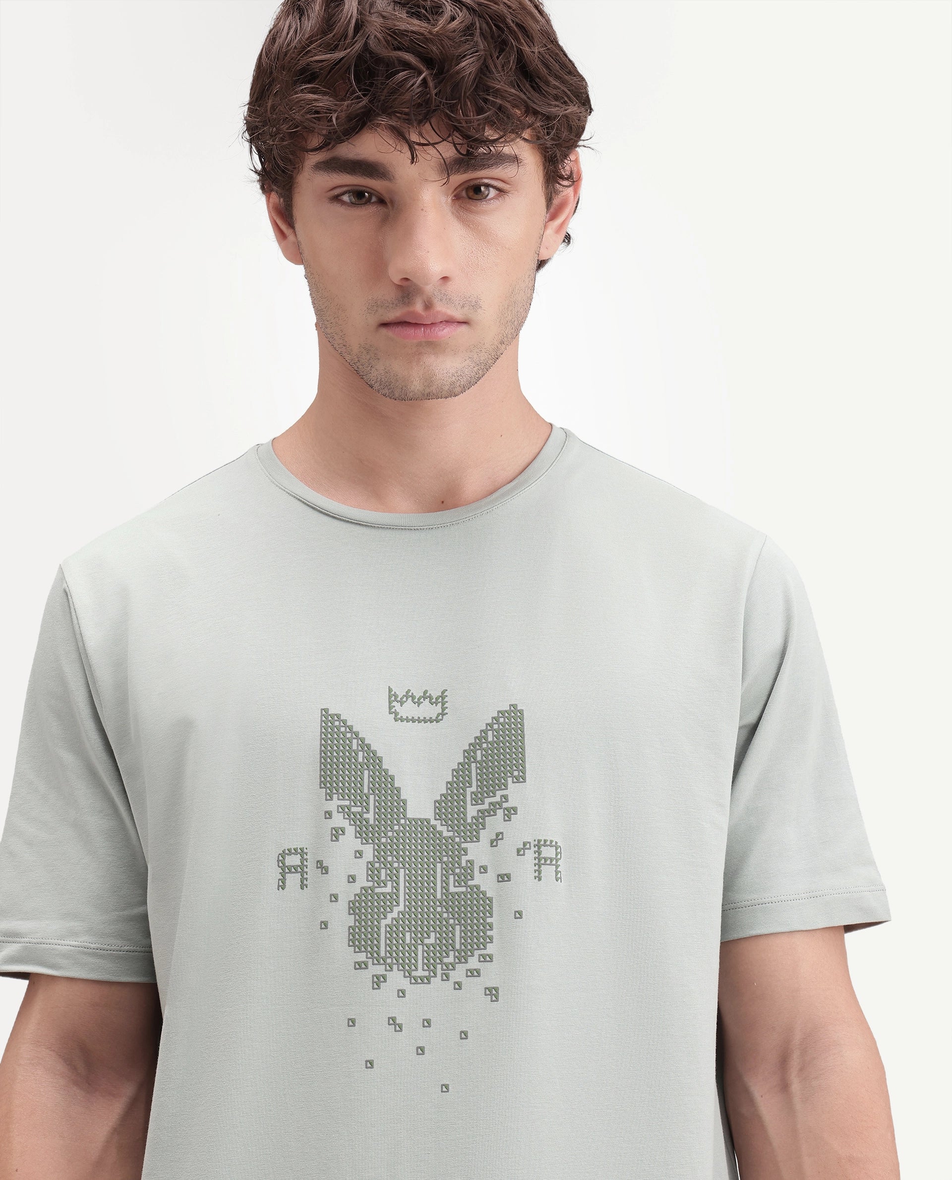 Rare Rabbit Men's Wamble Dusky Green Cotton Blend Crew Neck Regular Graphic Print T-Shirt