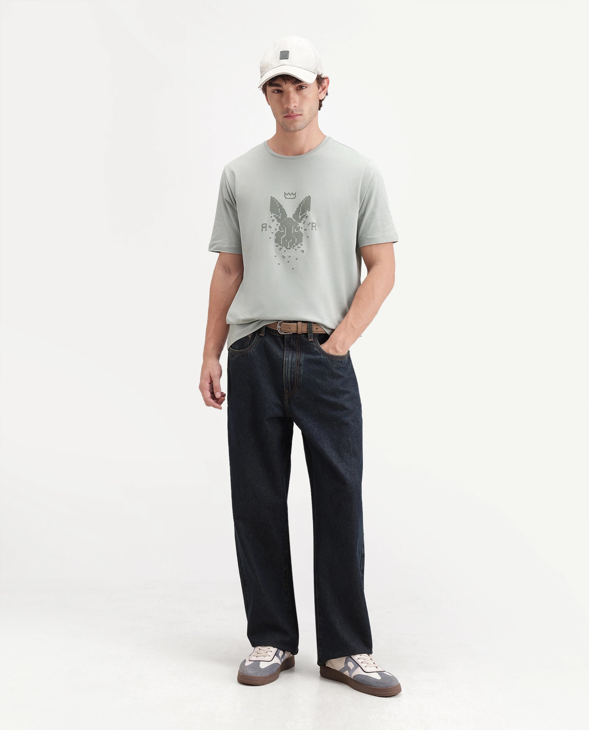 Rare Rabbit Men's Wamble Dusky Green Cotton Blend Crew Neck Regular Graphic Print T-Shirt