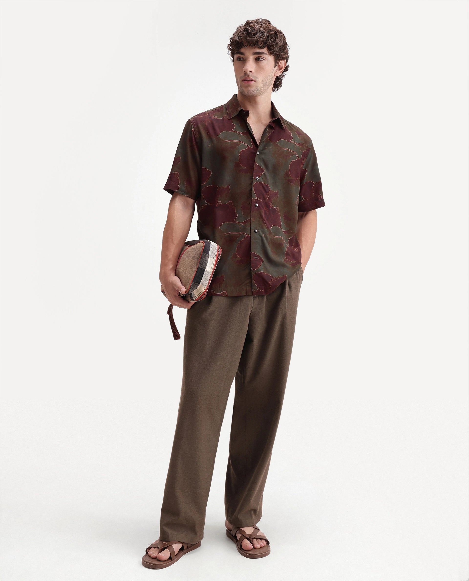 Rare Rabbit Men's Rego Dark Olive Viscose Spread Collar Button Regular Floral Print Shirt