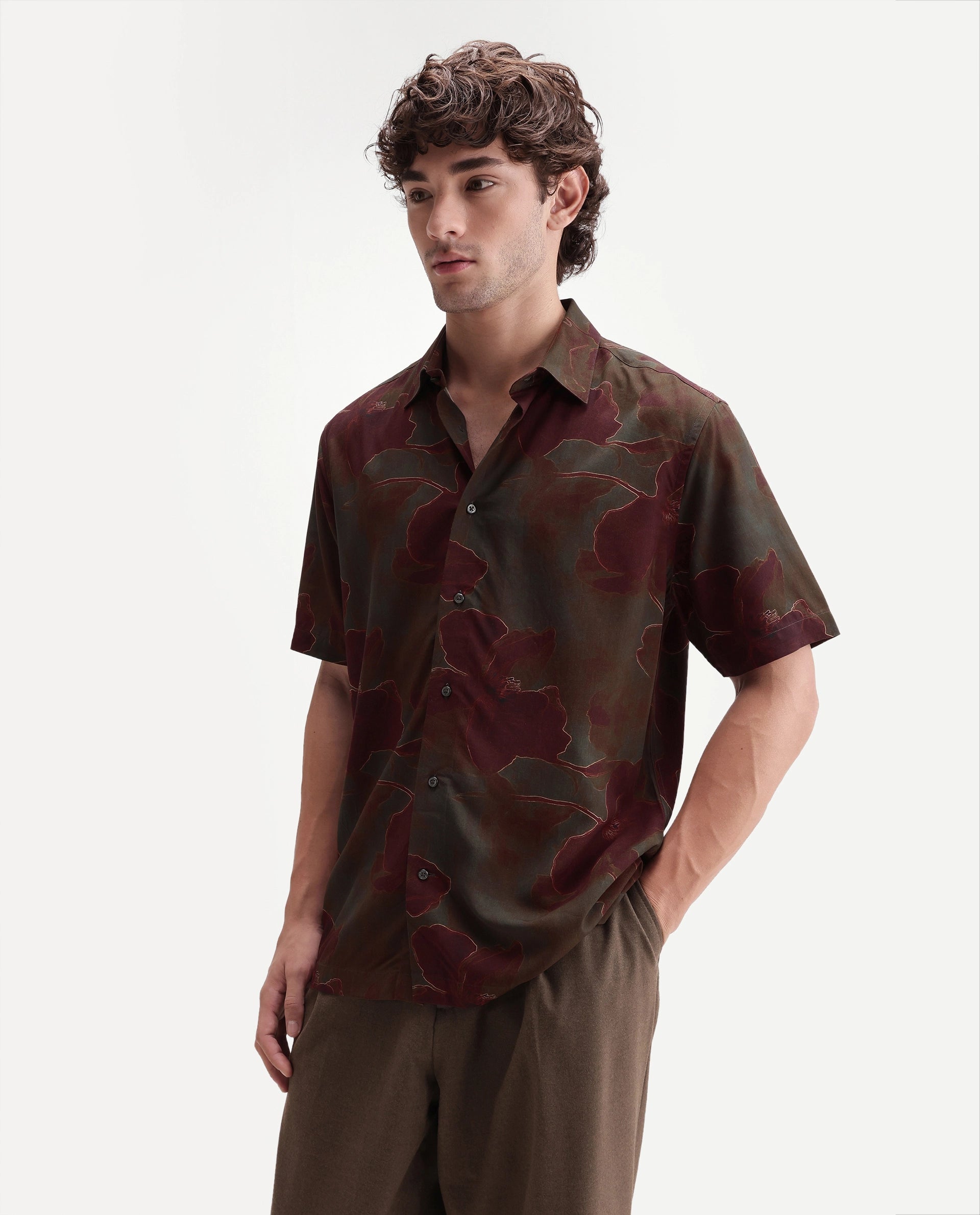 Rare Rabbit Men's Rego Dark Olive Viscose Spread Collar Button Regular Floral Print Shirt