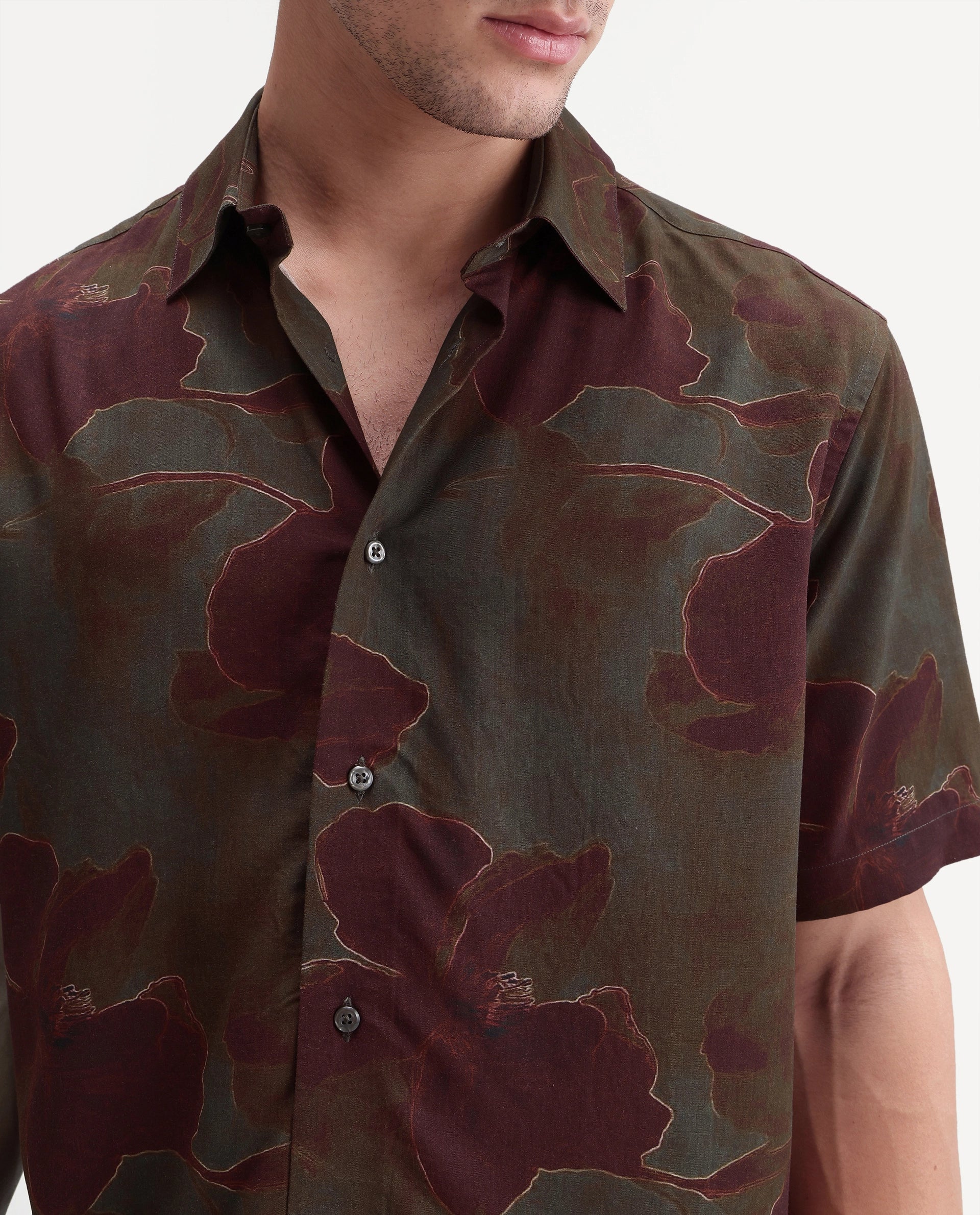 Rare Rabbit Men's Rego Dark Olive Viscose Spread Collar Button Regular Floral Print Shirt